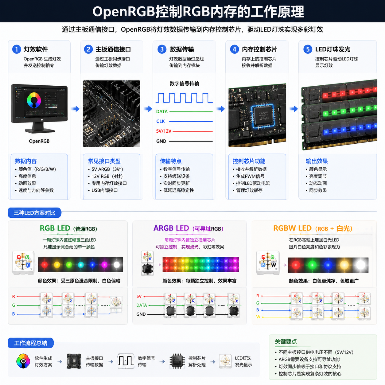 OpenRGB控制RGB内存工作原理图,展示灯效指令流程及RGB、ARGB、RGBW三种LED方案对比