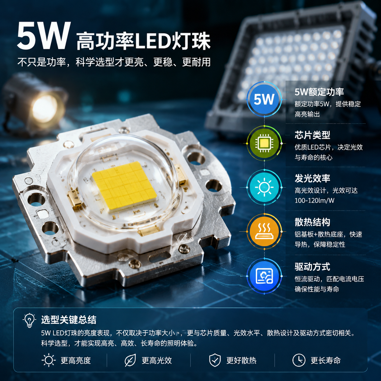 LED灯珠5W结构特写与选型因素示意图,展示芯片、封装及散热结构,并标注额定功率、芯片类型、发光效率等关键参数