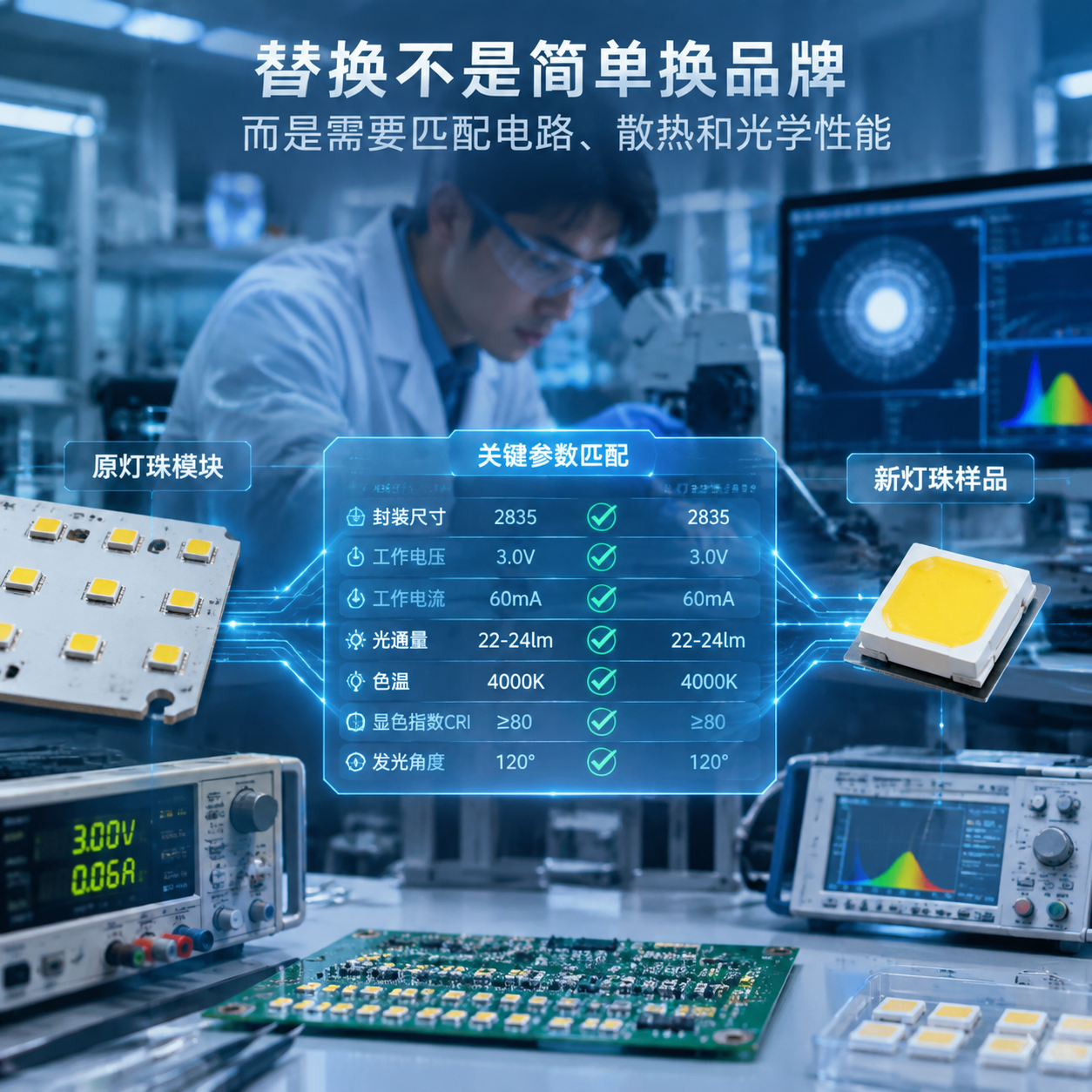 工业风LED灯珠替代整体解决过程,横版科技构图,左侧旧LED灯板模块、右侧匹配参数后的新灯珠样品,中间半透明数据连线展示封装尺寸、电压电流、光通量色温CRI发光角度匹配指标,实验室工程师检测场景,突出替换需匹配电路散热光学性能