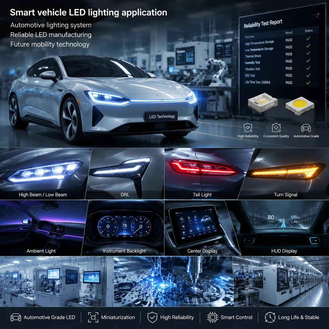 汽车智能化车规 LED 应用场景,展示现代新能源汽车外部高亮前大灯、日间行车灯、尾灯、转向灯及车内智能氛围灯、仪表背光、中控显示、HUD 多区域照明,结合可靠性检测报告、自动化生产线等供应链要素