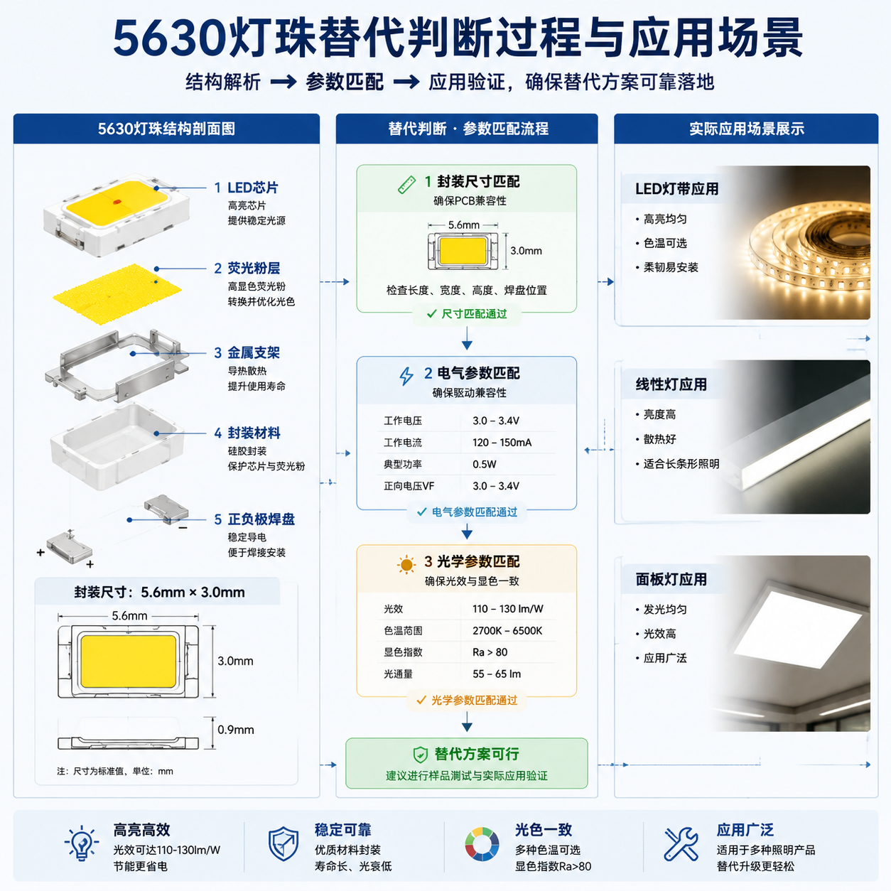 横版技术原理示意图,左侧为5630灯珠结构剖面图(LED芯片、荧光粉层、金属支架、封装材料、正负极焊盘),中间流程箭头连接封装尺寸匹配、电气参数匹配、光学参数匹配三个检测模块,右侧展示LED灯带、线性灯、面板灯照明效果,突出参数匹配与应用落地,工程说明图风格,横版排版