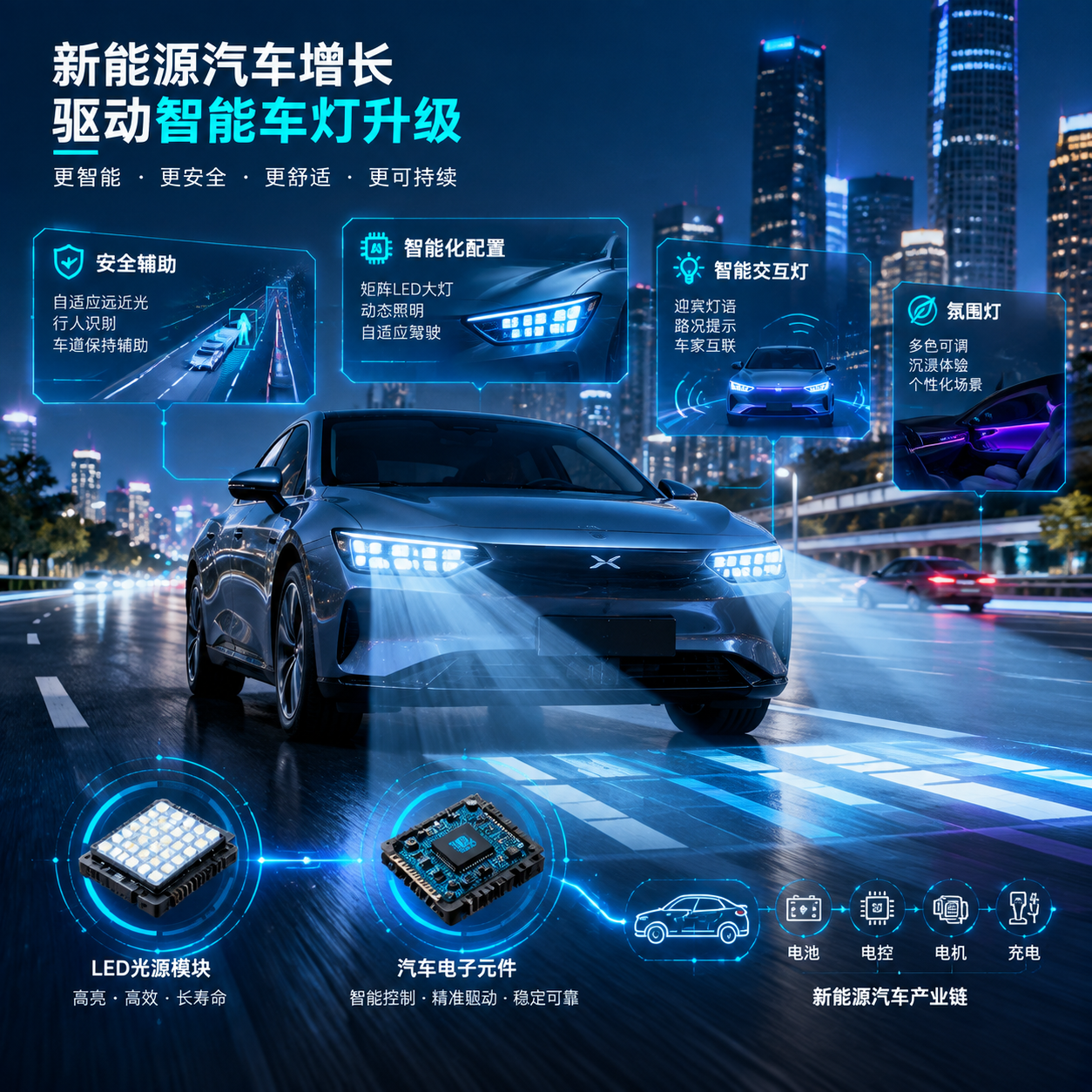 横版科技汽车产业场景图,表现新能源汽车增长推动智能车灯升级的主题。画面主体是一辆现代新能源汽车夜间行驶在城市道路上,前脸搭载矩阵LED大灯,灯光形成精准分区照射效果,周围叠加半透明科技信息元素,展示智能化配置、安全辅助、智能交互灯和氛围灯的发展趋势。画面中加入新能源汽车产业链视觉符号,如LED光源模块、汽车电子元件的抽象连接线,突出高亮、智能、可靠照明技术升级氛围。整体采用真实摄影结合未来科技渲染风格,横向构图,适合公众号文章开篇展示新能源汽车照明趋势。