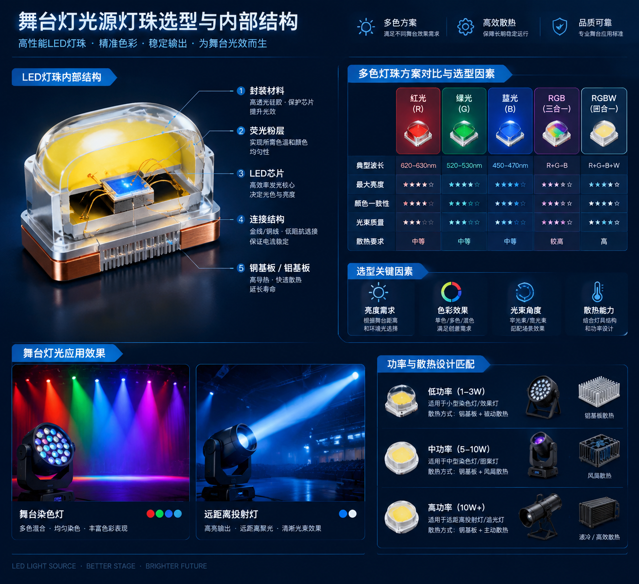 舞台灯光源灯珠原理拆解示意图,中心展示高功率LED灯珠剖面结构标注LED芯片、封装材料、荧光粉层、连接结构、散热基板,旁边参数对比信息板体现RGB、RGBW灯珠方案及选型因素,右侧展示舞台染色灯和远距离投射灯应用效果