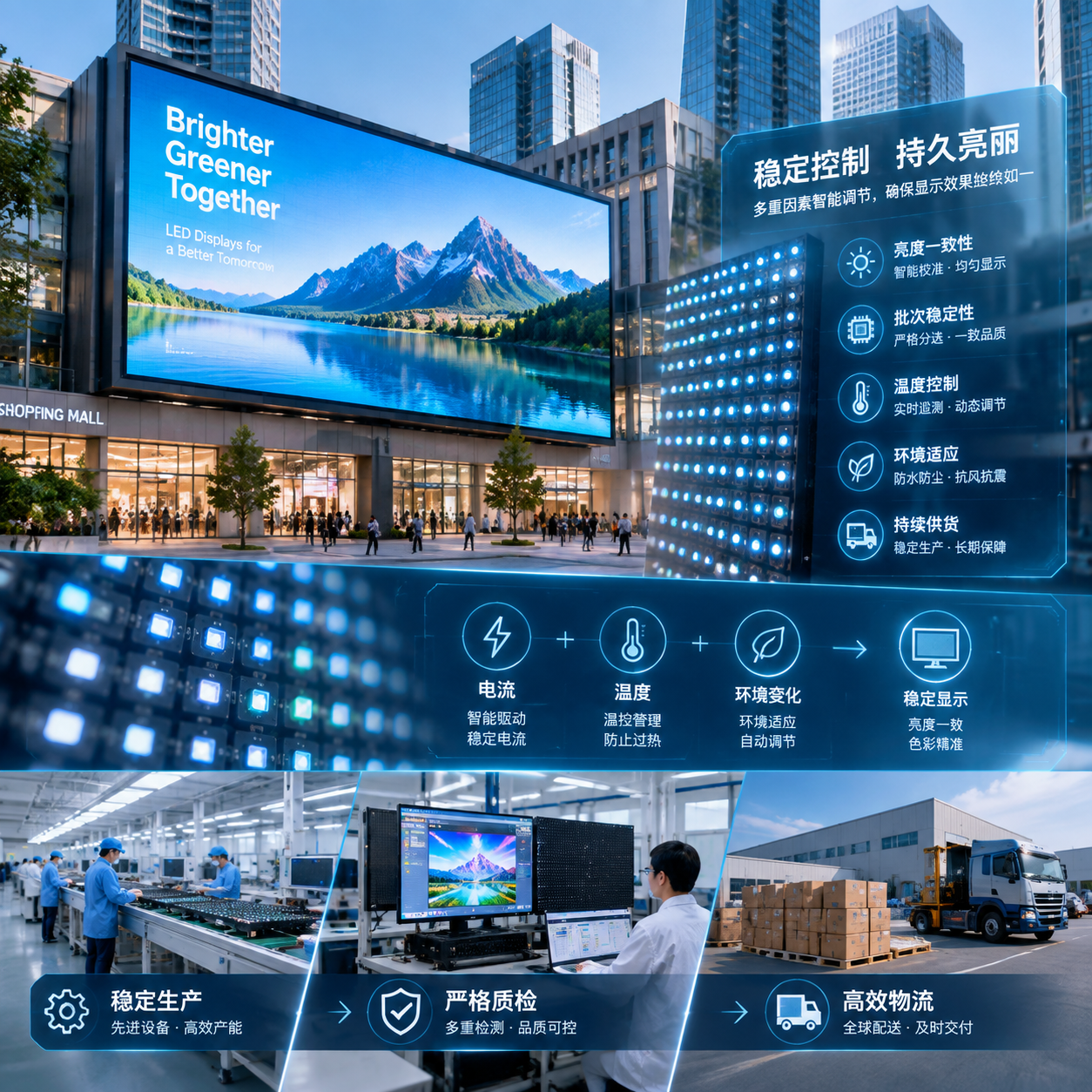横版构图，展示LED广告屏长期稳定运行的核心场景。画面主体为一块大型户外LED广告显示屏安装在城市商业区域，屏幕显示清晰均匀的广告画面，近景可看到排列整齐的LED灯珠阵列，旁侧通过半透明信息层表现灯珠受到电流、温度和环境变化影响后的稳定控制过程，例如亮度一致性、批次稳定性、持续供货流程等关键词以简洁科技图示呈现。背景加入生产车间、质量检测设备和物流运输元素，体现供应商需要具备稳定生产和质量控制能力。整体风格为高端工业科技摄影，真实光影，突出广告显示项目降低维护风险的主题。English note: Stable LED advertising display operation, quality control and supply chain concept, industrial technology photography.