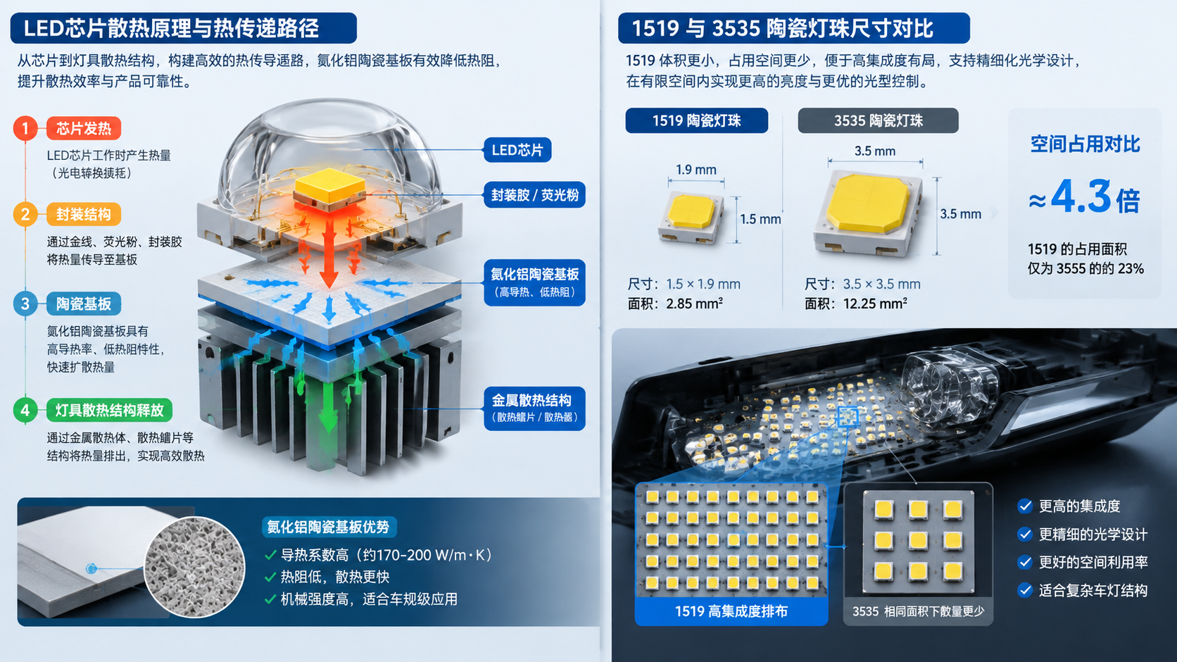 陶瓷1519车灯灯珠散热原理示意图:横版原理图左侧LED芯片热量传递路径(芯片发热→封装→陶瓷基板→灯具散热结构),右侧1519 vs 3535空间占用比例对比,汽车高亮LED模组布局场景,突出氮化铝陶瓷基板低热阻优势
