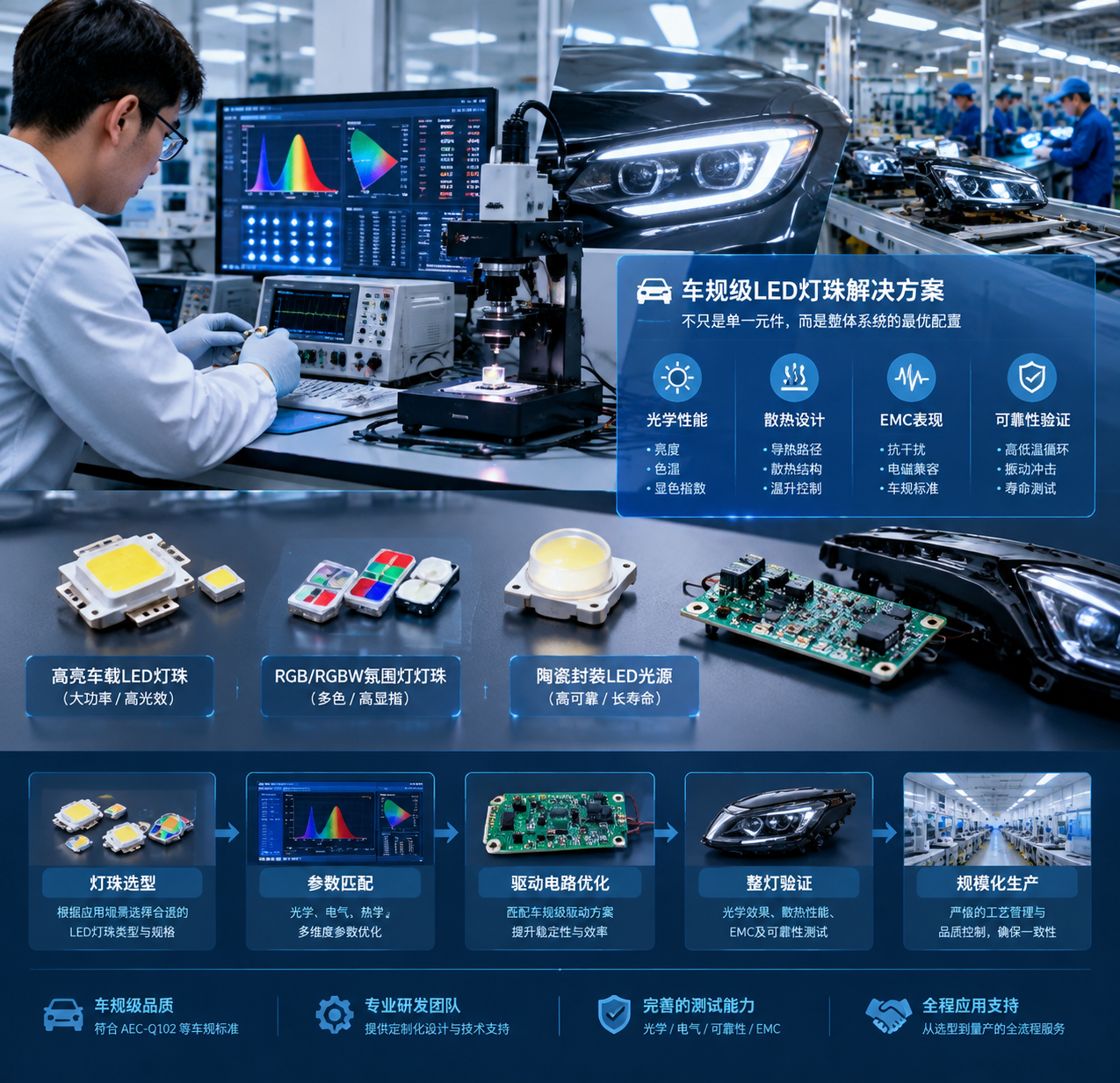 汽车照明LED光源开发现场,高亮车载LED灯珠样品RGB/RGBW氛围灯灯珠陶瓷封装LED光源排列在检测台上,工程人员使用测试设备进行光学电气和可靠性验证,背景融合汽车灯具总成PCB驱动模块和生产制造环境,横版实景技术方案展示图