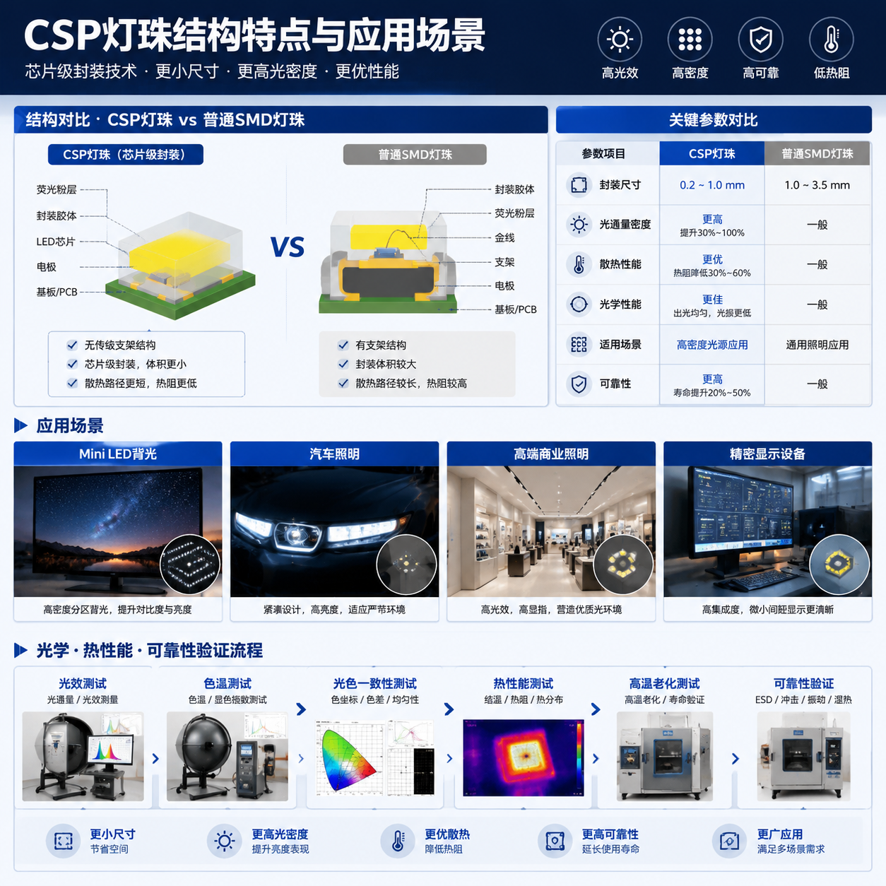 横版技术原理示意图，CSP灯珠结构特点和应用场景展开，中心为CSP灯珠与普通SMD灯珠的剖面结构对比展示芯片级封装无传统支架较短散热路径，旁边参数对比信息模块体现尺寸更小光密度更高适用于高密度光源应用的差异，下方展示Mini LED背光汽车照明高端商业照明精密显示设备四类应用场景的微型实景效果并加入光学热性能可靠性测试流程图包括光效色温光色一致性高温老化测试的验证项目，整体采用专业半导体技术展板风格横版构图细节清晰