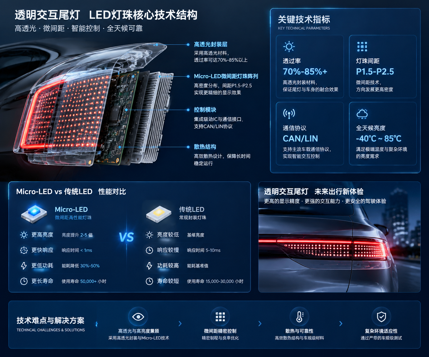 横版技术原理示意图，展示透明交互尾灯LED灯珠的核心技术结构与参数。画面左侧为透明尾灯剖面结构，分层展示高透光封装层、Micro-LED微间距灯珠阵列、控制模块以及散热结构；右侧以信息图形式呈现关键技术指标：透过率70%-85%以上、灯珠间距P1.5-P2.5方向发展、支持CAN/LIN协议控制、满足全天候驾驶环境亮度需求。中间展示Micro-LED相比传统LED更高亮度、更快响应速度、更低功耗、更长寿命的对比效果。整体风格为汽车电子工程分析图，结合精密机械绘图与未来显示技术视觉，突出透明尾灯的技术难点与解决方案。横版布局，适合作为文章中段技术解析配图。
