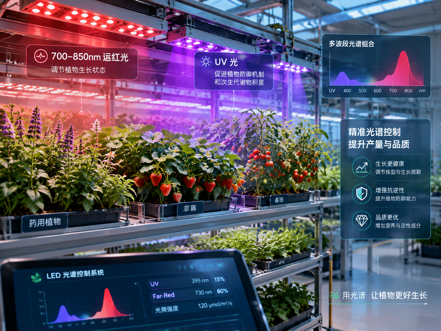 横版科技农业场景图,展示现代植物工厂多层种植架上药用植物、草莓和番茄,悬挂多波段LED植物灯,灯光区域呈现红色远红光与柔和紫外光效果,半透明光谱示意层标注700-850nm远红光调节生长状态、UV光促进防御机制和次生代谢物积累,突出精准农业通过光谱控制提升产量和品质的概念,高端农业科技摄影风格,横向构图