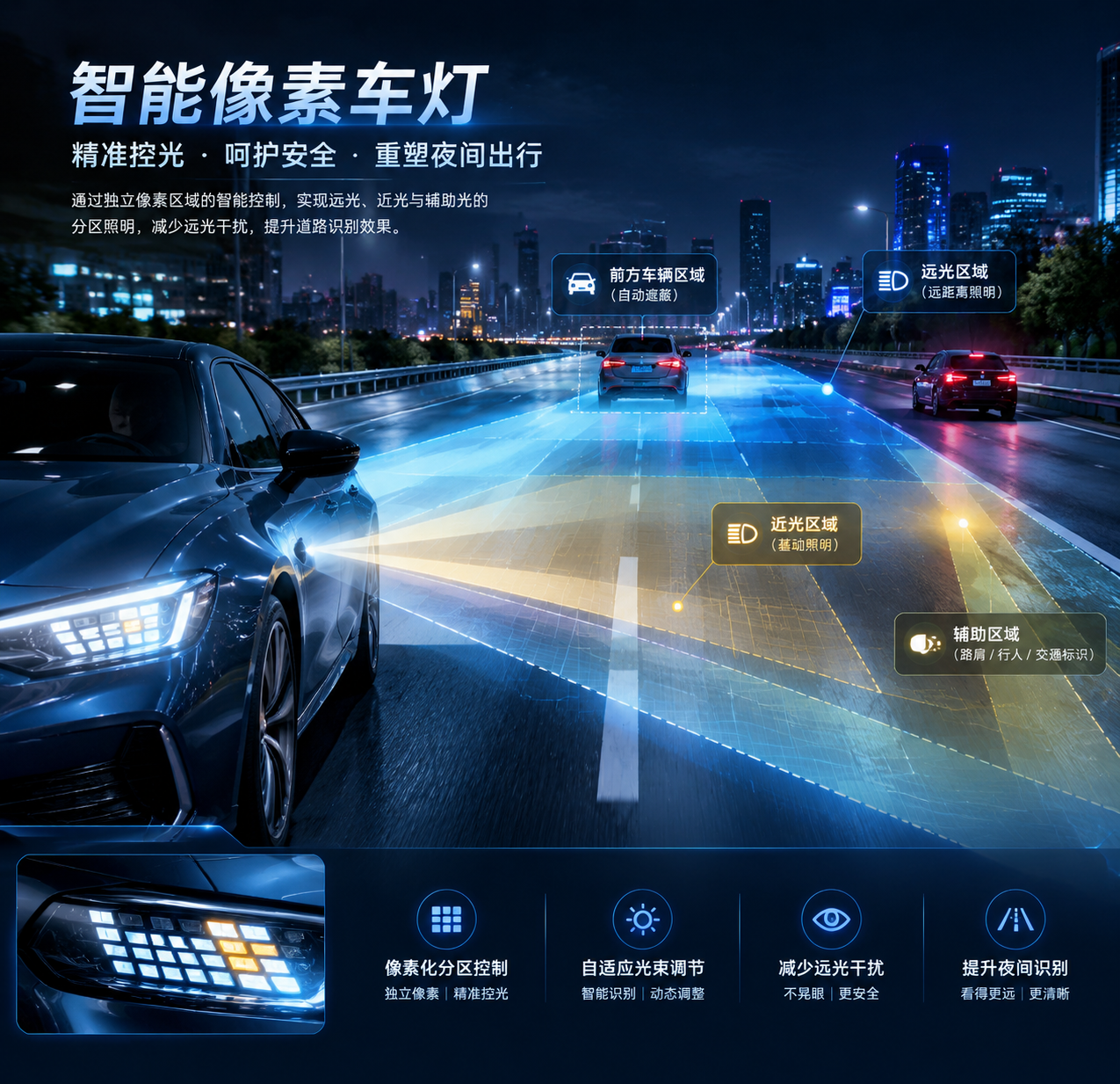 智能像素车灯夜间道路自适应照明场景