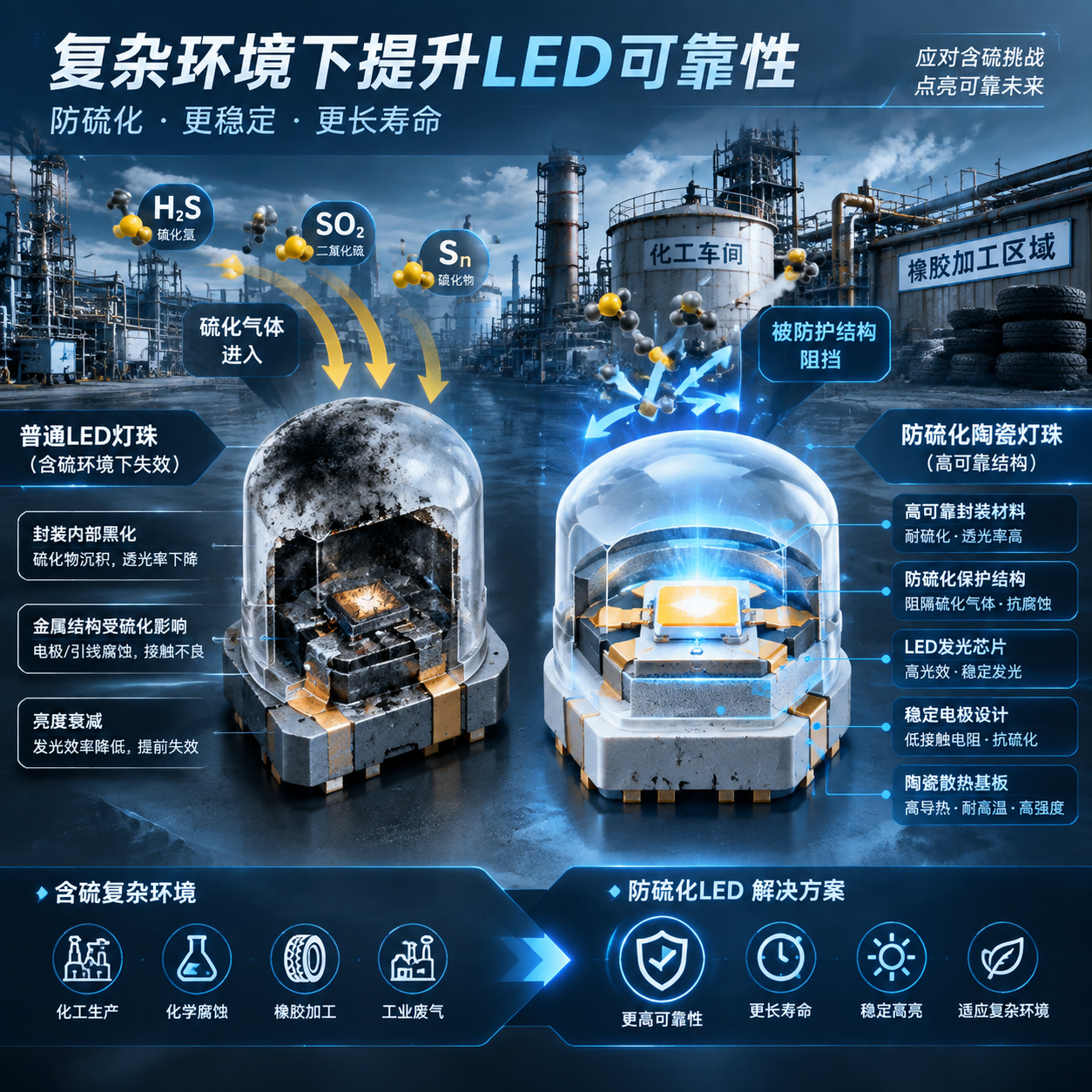 横版科技工业风场景图,普通LED灯珠在含硫环境中失效示意与防硫化陶瓷灯珠结构剖面对比,陶瓷散热基板、防硫化保护结构等细节,化工车间含硫复杂环境背景,突出复杂环境下提升LED可靠性的核心主题