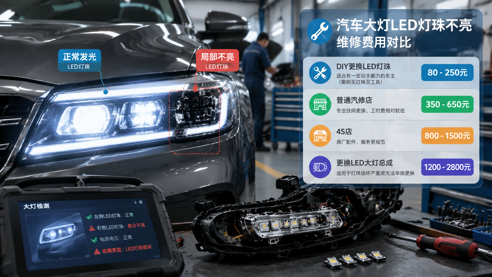 横版汽车维修主题实景图,展示一辆现代汽车前大灯近距离特写,其中一侧LED大灯正常发光,另一侧出现局部灯珠不亮的暗区,突出“汽车大灯LED灯珠不亮”的核心问题。画面中加入半透明信息标注区域,展示维修费用区间对比:DIY更换LED灯珠80-250元、普通汽修店350-650元、4S店800-1500元、更换LED大灯总成1200-2800元。背景为专业维修车间环境,搭配检测工具、拆开的灯具组件,光线真实自然,体现从故障发现到维修判断的场景。横向构图,适合汽车技术科普文章首图。English: realistic automotive headlight failure scene, LED repair cost comparison infographic, wide composition.