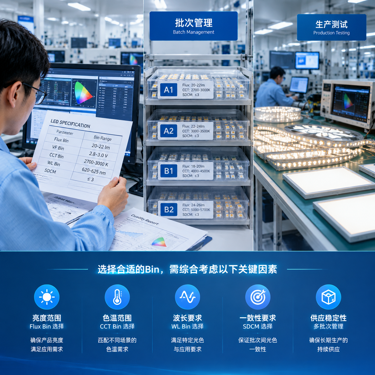 SMD灯珠出厂按参数分档(Bin定义与选型方法)