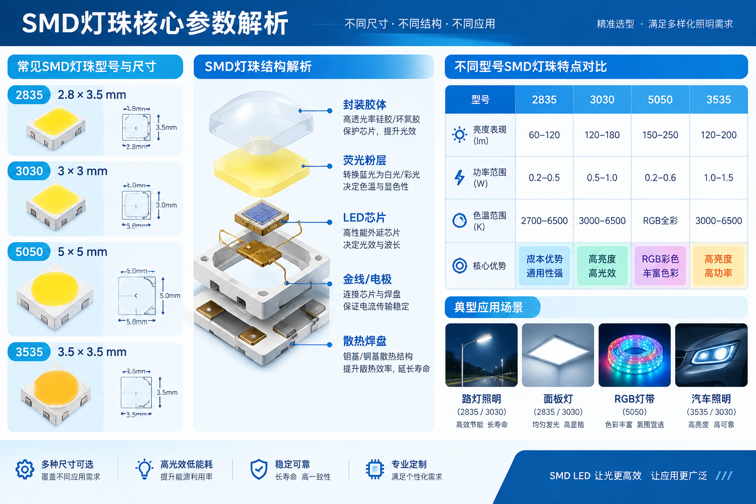 横版技术原理示意图,放置于文章中段“SMD灯珠核心参数解析”区域,重点展示不同型号SMD灯珠尺寸、结构和性能差异。画面采用拆解剖面设计,左侧排列2835、3030、5050、3535四种贴片灯珠模型,并标注尺寸信息:2835为2.8×3.5mm、3030为3×3mm、5050为5×5mm、3535为3.5×3.5mm;中间展示LED芯片、封装胶体、电极、散热焊盘的结构层级;右侧用对比数据图表展示3030和3535适合高亮应用、5050适合彩色RGB光源、2835注重成本和通用性的特点,同时加入路灯、面板灯、RGB灯带、汽车照明等实际应用场景小图标。整体风格为专业LED技术白皮书插图,清晰、精准、信息密度高,横版构图。English note: LED package structure diagram, SMD size comparison, technical infographic illustration.