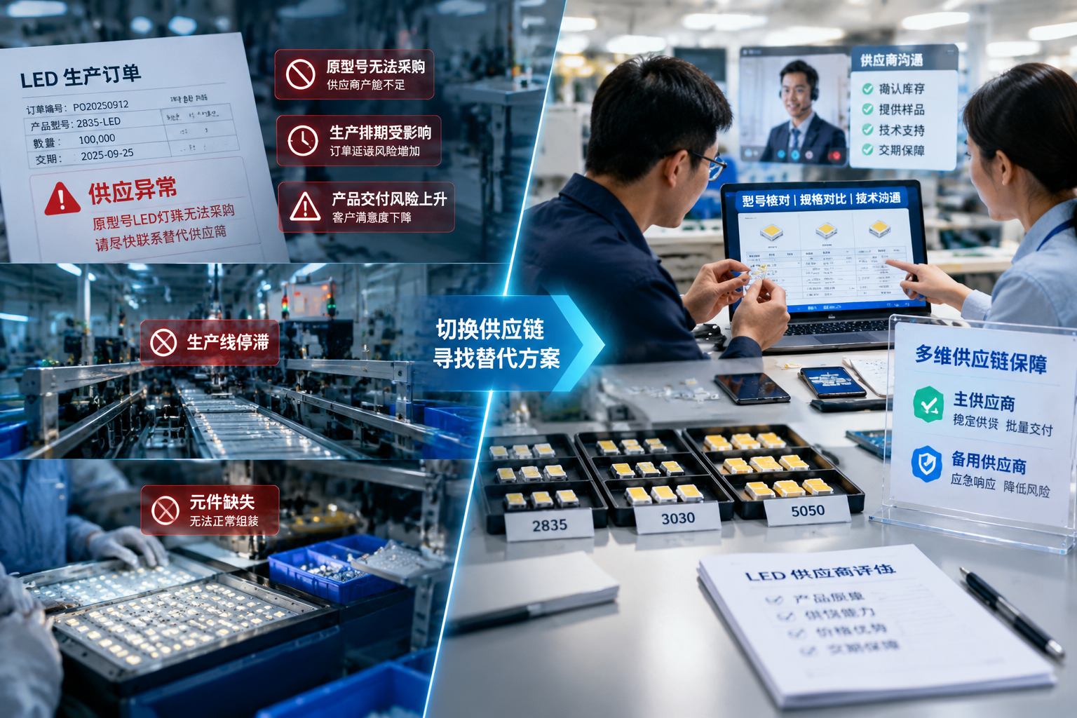 横版构图，展示LED灯珠供应中断后企业寻找替代供应方案的场景。画面左侧为出现供应异常提示的LED生产订单文件、停滞的生产流水线和缺少元件的灯具装配区域，右侧展示新的LED灯珠供应链恢复场景，包括整齐排列的LED灯珠样品盘、采购人员进行型号核对和供应商技术沟通。突出表现企业面临原型号LED灯珠无法采购、生产排期受影响、产品交付风险增加的问题，以及通过建立主供应商和备用供应商降低风险的解决思路。整体采用现代工业制造摄影风格，真实工厂环境，冷暖光结合，突出供应链切换过程。横向公众号配图比例。English note: LED supply disruption and replacement supplier solution in industrial manufacturing scene.