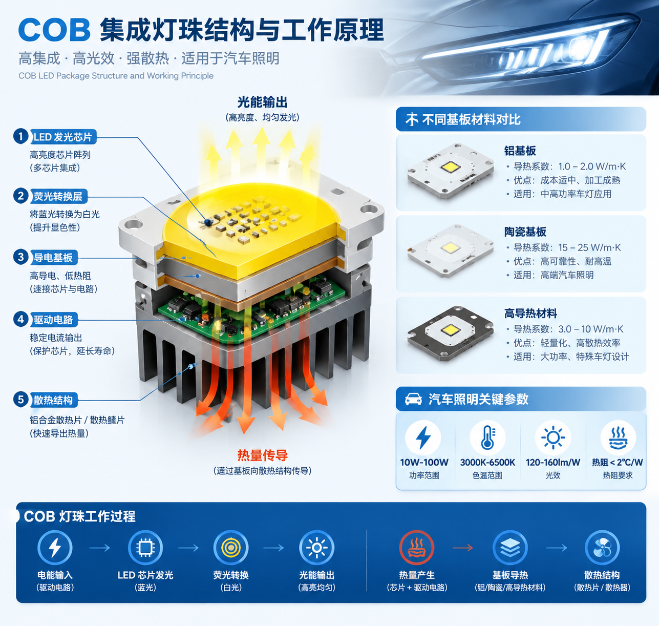 横版技术原理示意图,放置于“COB 集成灯珠是什么?为什么应用于汽车照明?”以及“车灯 COB 灯珠工作过程”相关段落。画面采用剖面结构展示方式,中心为一颗汽车 COB 集成灯珠放大模型,依次拆解显示 LED 发光芯片、导电基板、荧光转换层、散热结构和驱动电路,并用箭头表现电能转换为光能以及热量通过基板向散热结构传导的过程。旁边增加不同基板材料对比区域,展示铝基板、陶瓷基板、高导热材料三个模块,并标注汽车照明关注参数:10W-100W 功率范围、3000K-6500K 色温范围、120-160lm/W 光效、热阻<2℃/W。整体风格为专业汽车 LED 工程图结合三维渲染,结构清晰,突出技术细节,横向构图。