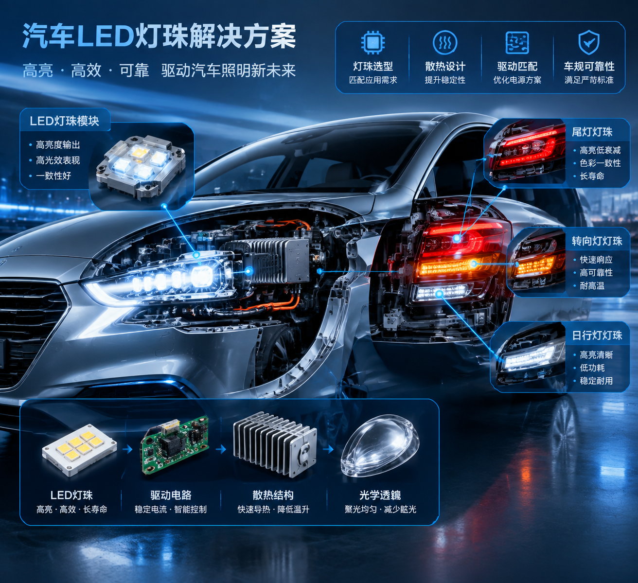 横版构图,现代汽车前灯与尾灯半剖视效果,LED灯珠模块、驱动电路、散热结构和光学透镜之间的关系,左侧高亮度LED光源阵列发出均匀白光,右侧尾灯转向灯日行灯布局,通过科技感线框标注“灯珠选型、散热设计、驱动匹配、车规可靠性”等核心环节,汽车电子工程可视化风格