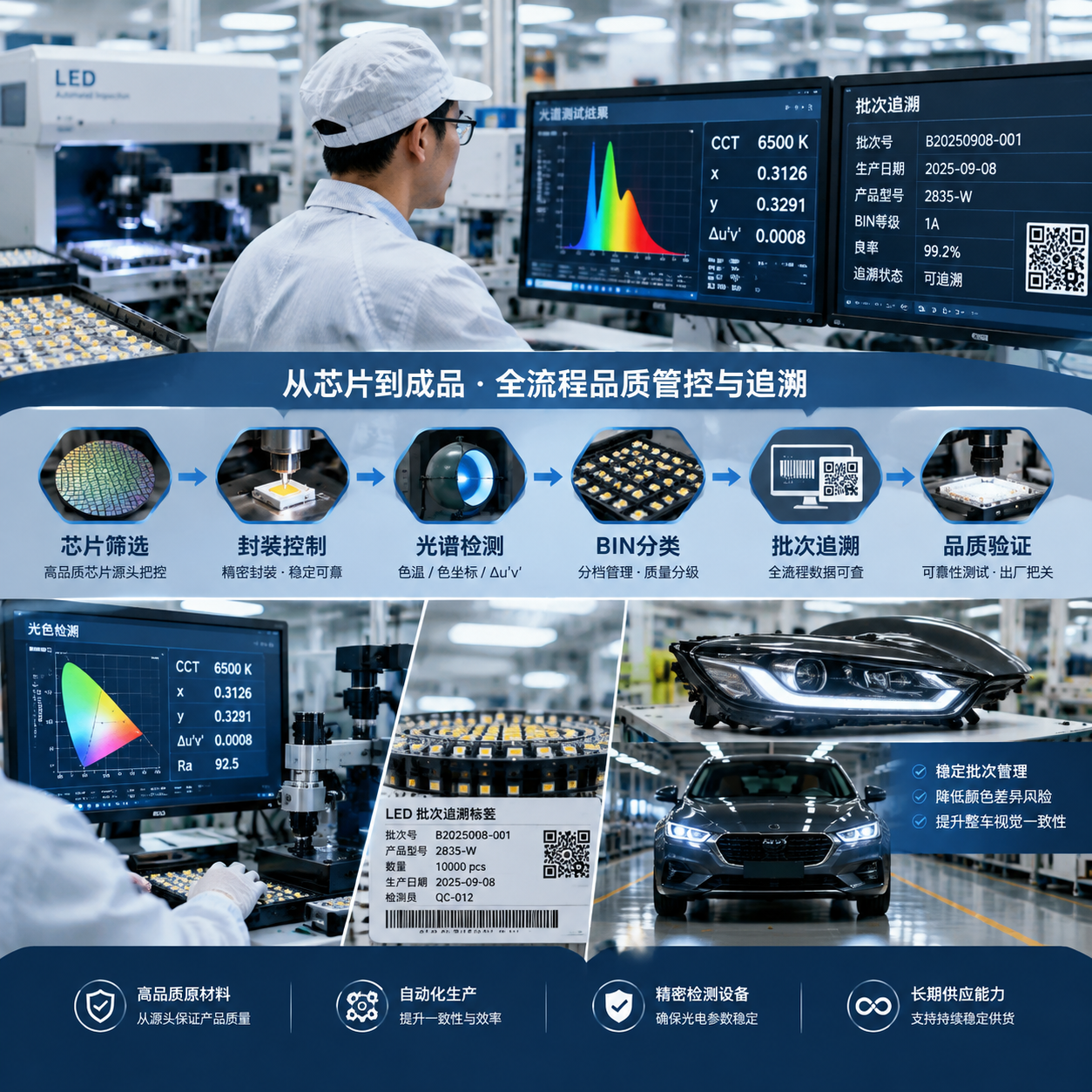 车灯LED供应商品质管理全过程追溯能力总结图：现代化LED生产车间品质控制链路展示，芯片筛选→封装控制→光谱检测→BIN分类→批次追溯→品质验证，旁边工程师查看光谱数据和批次记录，屏幕显示色温CCT、色坐标x/y、Δu'v'检测数据及批次追踪信息，背景装配完成的前灯模组和左右对称车灯效果，高端汽车零部件工厂实景摄影风格，体现稳定管理降低颜色差异风险