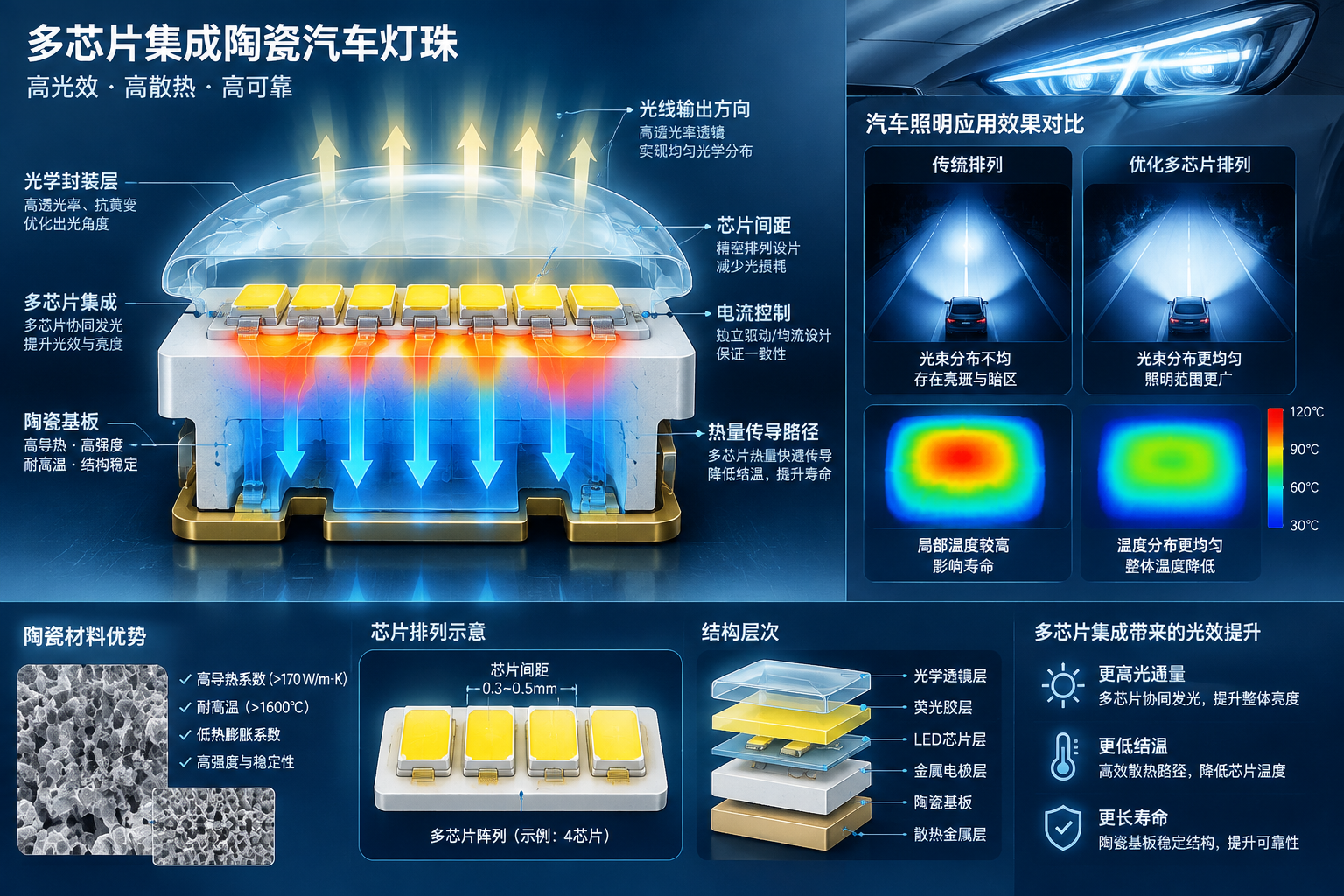 多芯片集成陶瓷汽车灯珠结构与光效提升机制剖面示意图，从上到下呈现多个发光芯片排列、陶瓷基板、散热传导路径以及光学封装层，标注芯片间距、电流控制、热量传导和光线输出方向等关键设计元素