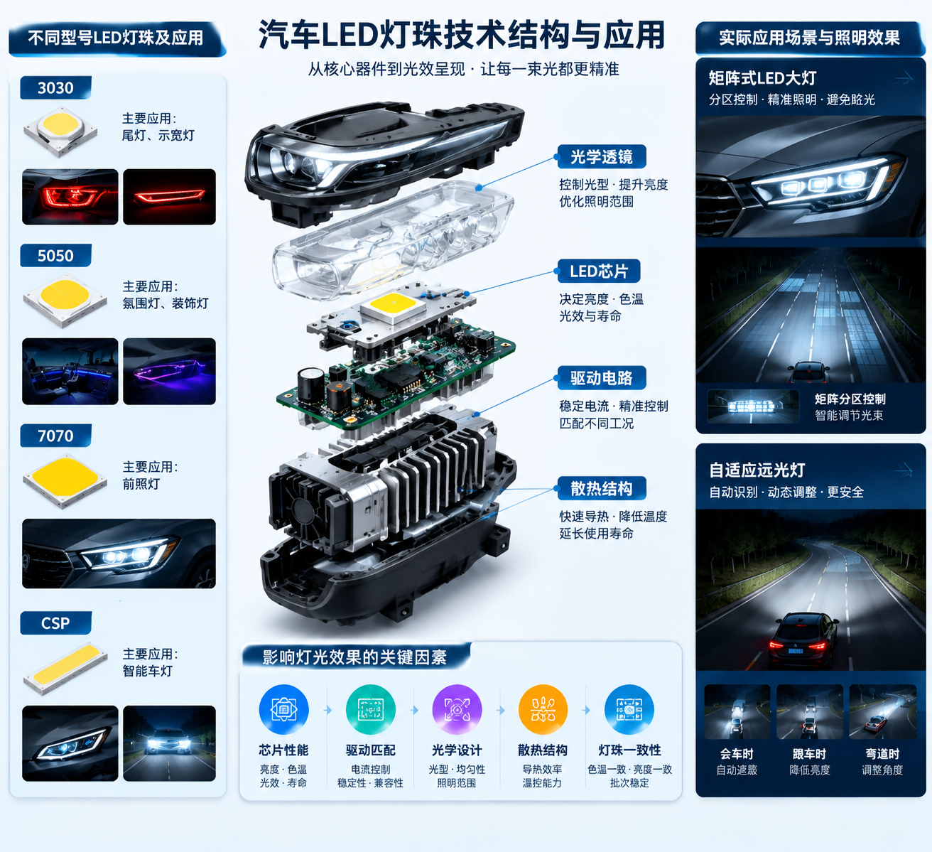 横版构图，展示汽车LED灯珠技术结构与实际应用场景的综合示意图。画面中心为拆解式汽车LED前照灯模块，展示LED芯片、驱动电路、散热结构、光学透镜之间的关系，并通过信息化视觉标注呈现影响灯光效果的关键因素：芯片性能、驱动匹配、光学设计、散热结构、灯珠一致性。右侧展示矩阵式LED大灯、自适应远光灯的实际道路照明效果，左侧加入不同型号LED灯珠示意，包括3030用于尾灯和示宽灯、5050用于氛围灯和装饰灯、7070用于前照灯、CSP用于智能车灯，突出不同型号对应不同应用需求。整体为工业产品可视化插画风格，结构清晰，横向排版，适合技术文章中段解释复杂原理。