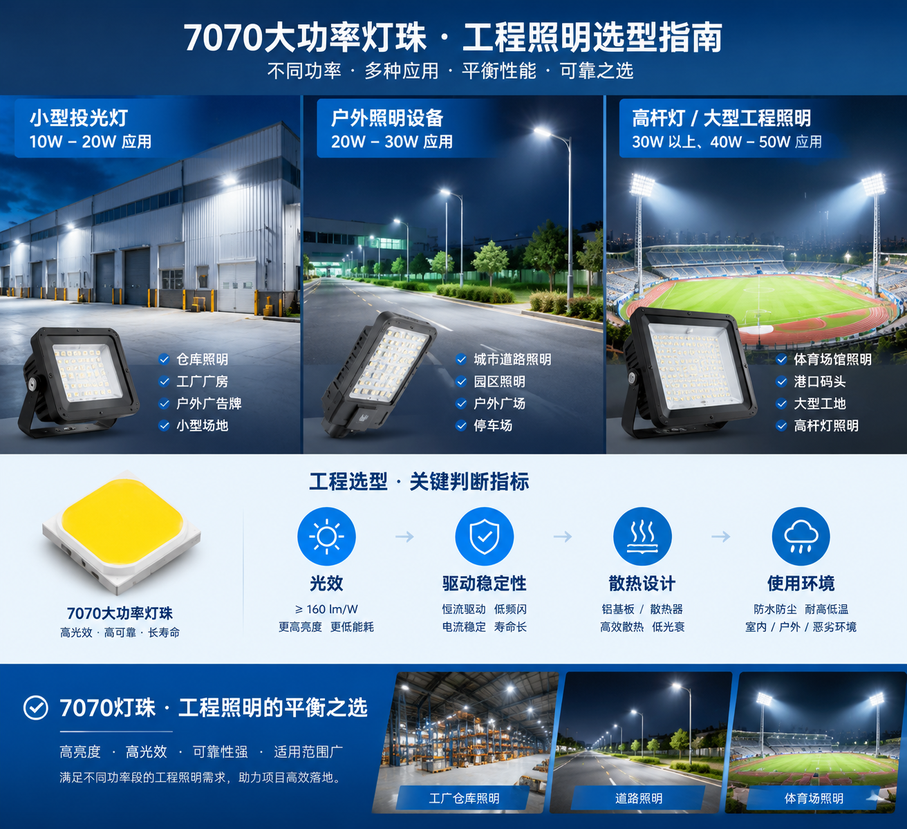横版工程照明选型总结场景图，左侧小型投光灯（10W-20W应用）、中间户外照明设备（20W-30W应用）、右侧高杆灯和大型工程照明（30W以上、40W-50W功率应用），标注光效、驱动稳定性、散热设计、使用环境四个关键指标，背景工厂仓库、道路照明、体育场高亮照射真实场景