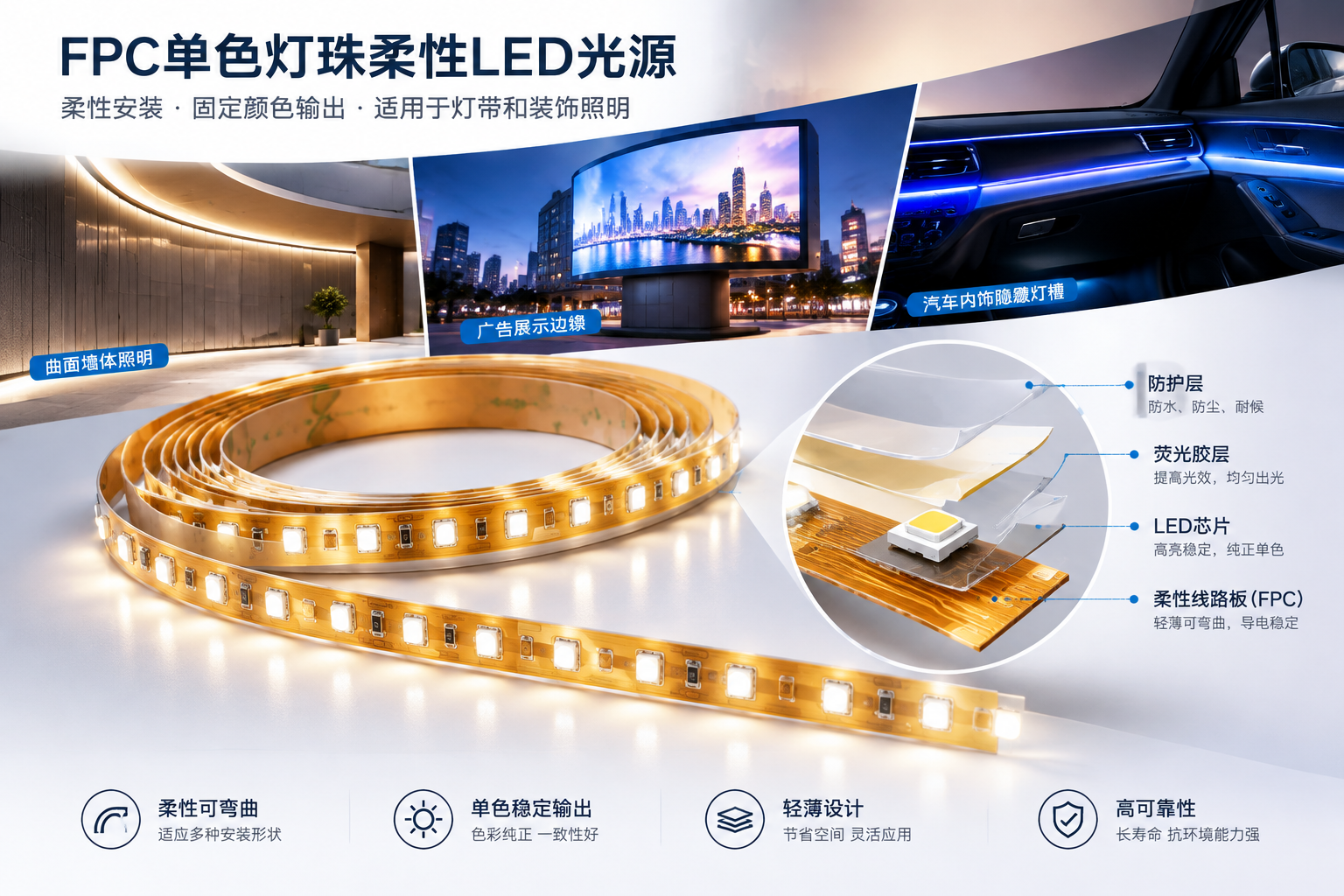 FPC单色灯珠柔性LED光源整体概念图：卷曲灯带排列整齐的单色LED灯珠，半透明剖面展示LED芯片、金线/焊接结构、荧光胶层、FPC基板、防护层，背景融合曲面墙体、广告展示边缘、汽车内饰隐藏灯槽等应用场景，突出柔性安装、固定颜色输出、轻薄可弯曲特性