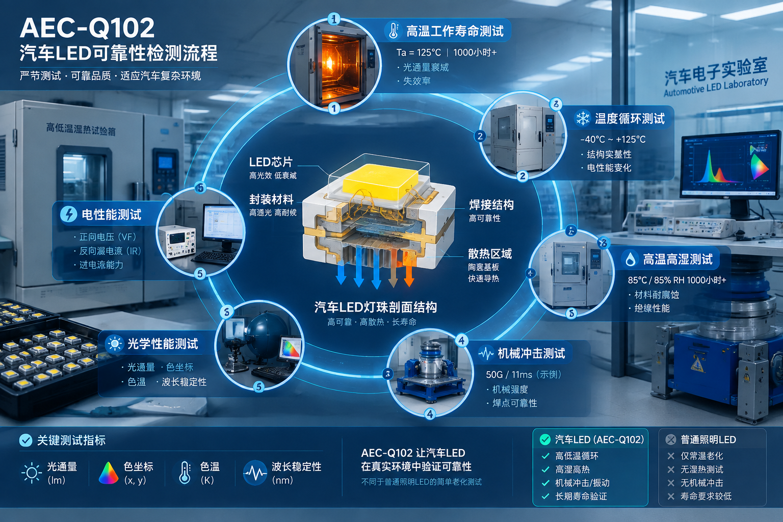 横版技术原理示意图，围绕AEC-Q102相关可靠性检测项目进行可视化展示。画面中心是一颗汽车LED灯珠剖面结构图，展示芯片、封装材料、散热区域和焊接结构；四周以流程环形布局展示高温工作寿命测试、温度循环测试、高温高湿测试、机械冲击测试、光学性能测试、电性能测试六个检测环节，并加入光通量、色坐标、色温、波长稳定性等测试指标文字标签。背景模拟汽车实验室环境，有温湿度箱、震动测试设备和光学检测仪器，突出汽车LED需要经过环境适应性验证，而非普通照明LED的区别。画面保持横版布局，科技蓝图与真实实验室结合风格，信息层次清晰。English note: AEC-Q102 LED reliability testing process diagram, automotive laboratory, wide horizontal technical illustration.