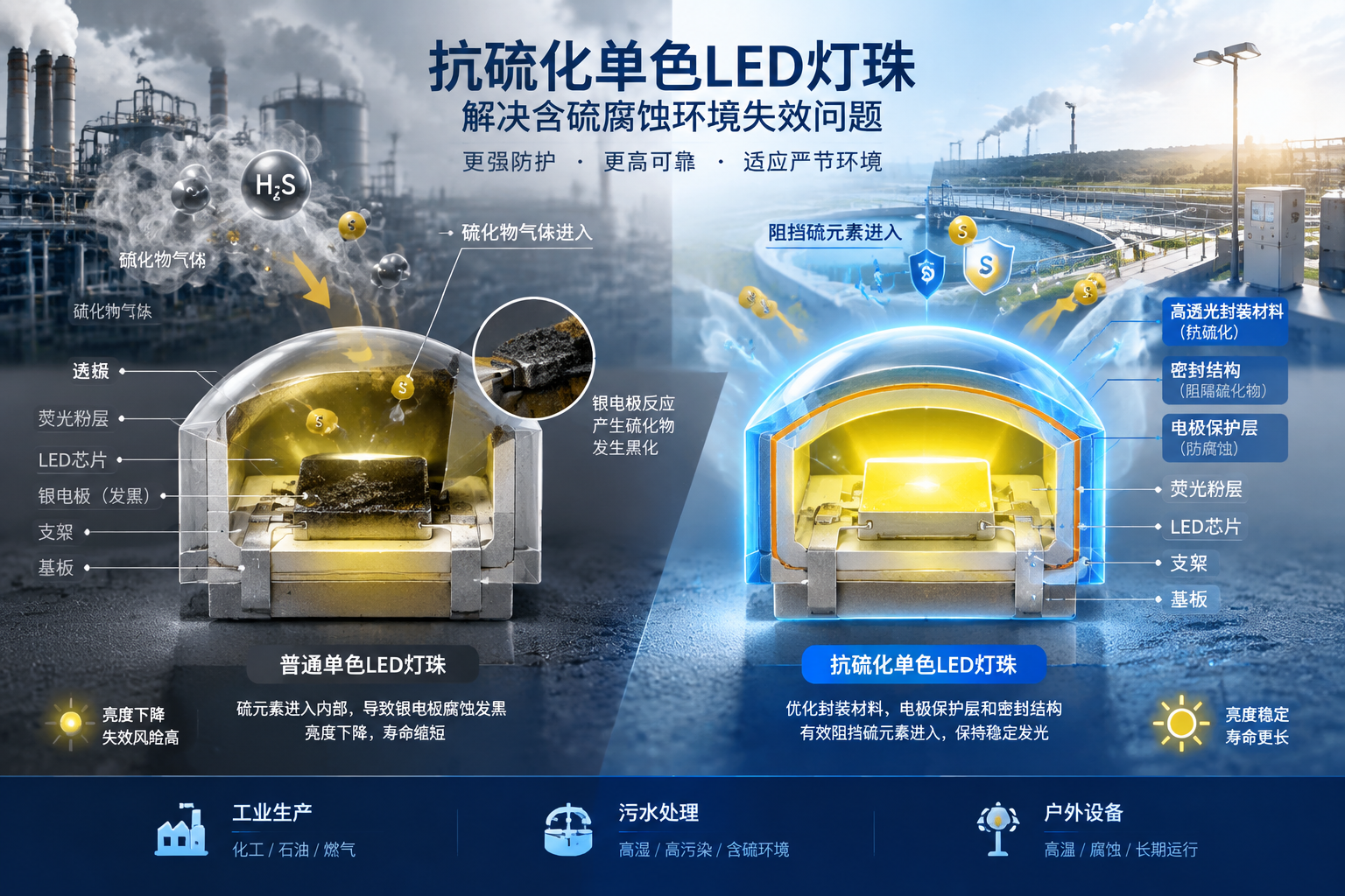横版科技工业风构图,展示抗硫化单色LED灯珠解决含硫腐蚀环境失效问题的核心场景:左侧普通LED灯珠剖面(硫化物气体进入内部与银电极反应导致黑化亮度下降),右侧抗硫化灯珠结构剖面(优化封装材料、电极保护层和密封结构阻挡硫元素,保持稳定发光),背景融合工业生产设备、污水处理区域等高湿高污染环境,突出可靠性对比