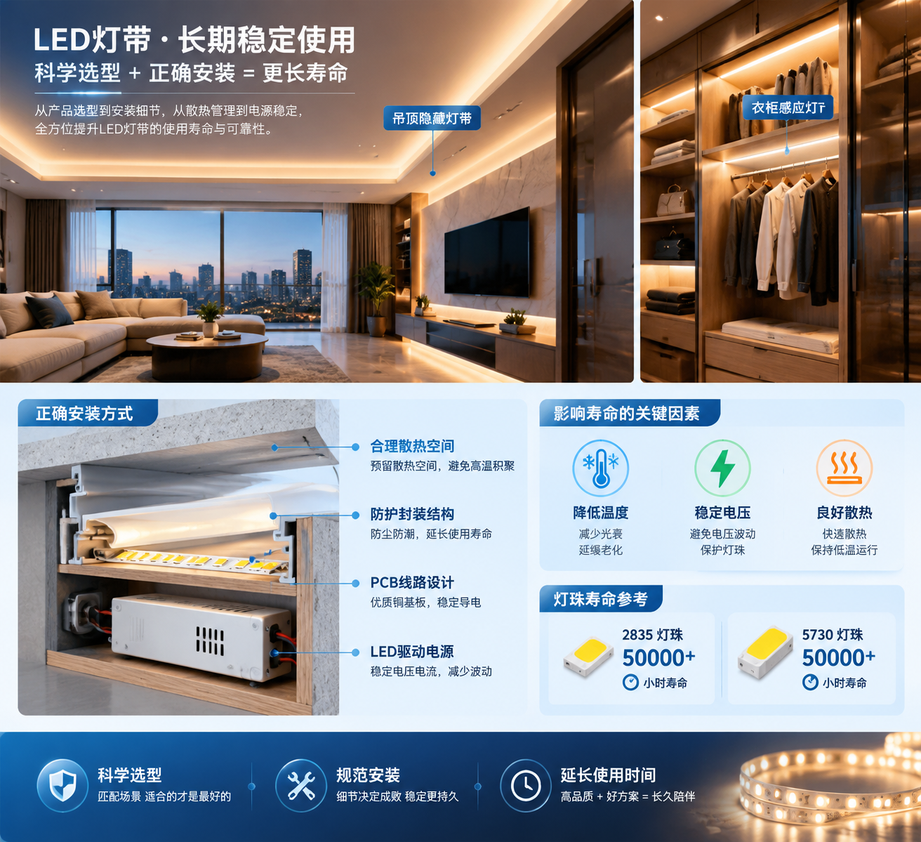 横版实景与技术建议结合的总结型图片,现代家庭吊顶隐藏灯带和衣柜感应灯实际安装场景,灯带发出均匀柔和光线,旁边剖面示意展示稳定驱动电源、合理散热空间、PCB线路设计、防护封装结构,加入温度降低、稳定电压、良好散热符号,体现2835灯珠和5730灯珠50000小时以上寿命参考信息,真实商业摄影结合轻量科技标注