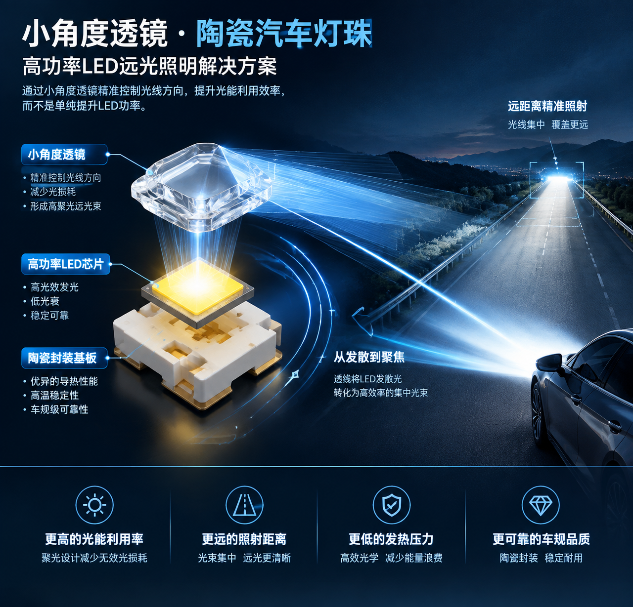 小角度透镜陶瓷汽车灯珠结构拆解与远光聚光照明场景示意