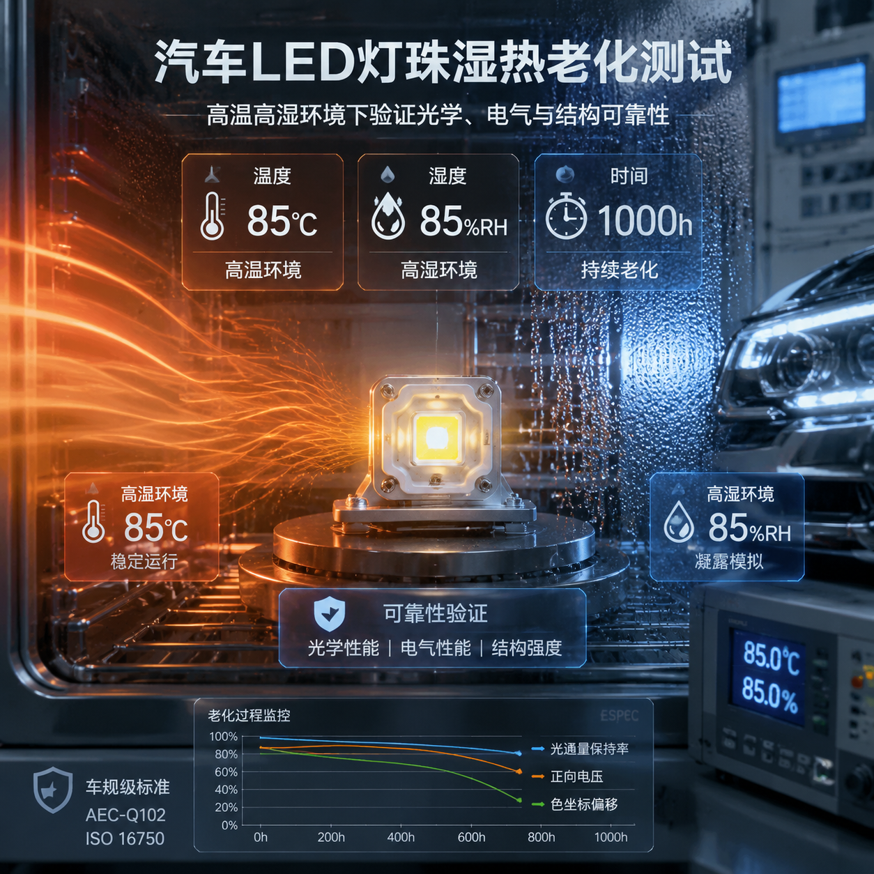 放置于文章开篇,用于概括车规LED灯珠湿热老化测试主题。横版科技工业风构图,展示一颗高精度汽车LED灯珠封装样品位于恒温恒湿试验箱内部,周围叠加半透明环境参数信息界面,突出“85℃、85%RH、1000小时”三个关键测试条件。画面左侧表现高温环境的热流效果,右侧表现水汽凝露与湿度环境,LED灯珠保持稳定发光状态,体现汽车电子可靠性验证场景。背景加入汽车灯具结构轮廓和实验室设备元素,整体采用真实工业摄影结合科技数据可视化风格,突出高温高湿环境下验证光学、电气和结构可靠性的核心目的。横版构图,适合公众号文章头图展示。