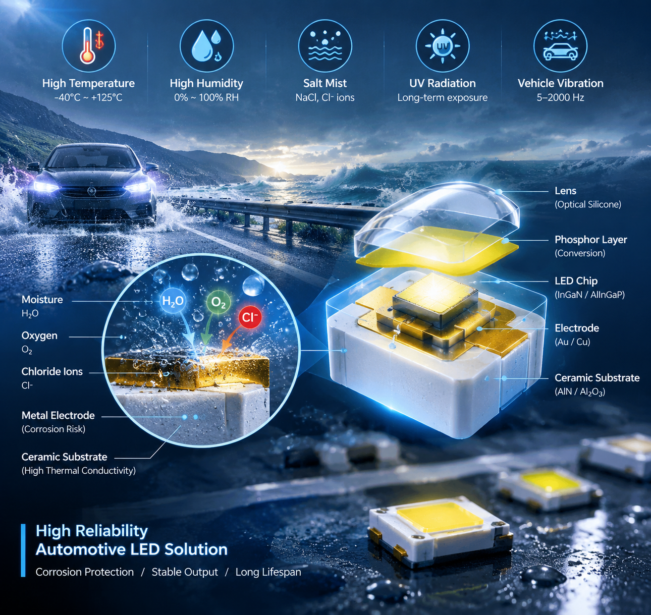 high reliability automotive LED corrosion protection concept, ceramic LED cross section, salt mist environment, industrial 3D infographic, horizontal layout