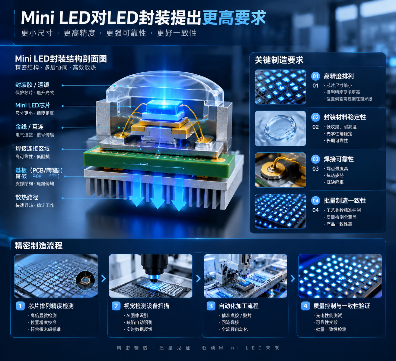 横版Mini LED封装结构剖面示意图,展示微型LED芯片、封装材料、焊接区域、基板和散热路径,旁边体现芯片排列精度检测、视觉检测、自动化加工流程,突出高精度排列、材料稳定性和批量一致性
