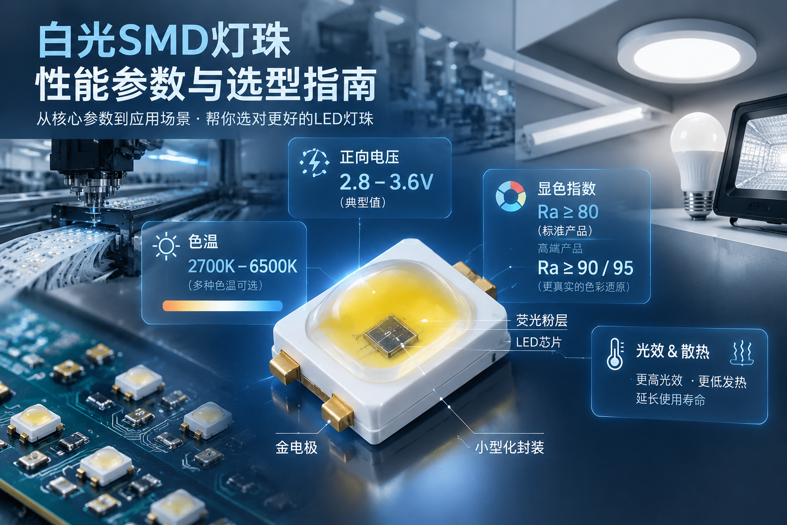 横版科技产品展示图,主题为“白光SMD灯珠性能参数与选型指南”开篇视觉概览。画面中心是一颗高精度白光SMD LED灯珠的微距特写,展示小型化封装结构、金色电极、LED芯片与荧光粉层的细节,周围以半透明信息浮层形式呈现文章核心关注参数:正向电压2.8-3.6V、色温2700K-6500K、显色指数Ra≥80、高端产品Ra≥90/95、光效与散热因素。背景结合PCB线路板、自动化贴装生产线和现代LED照明产品轮廓,体现SMD灯珠从元件到照明应用的完整链路,整体采用高清工业摄影结合科技信息图风格,冷白光照明,突出专业、精密、可靠感。横版构图,适合公众号文章首图位置。 English note: High precision SMD LED component overview, industrial technology style, horizontal composition.
