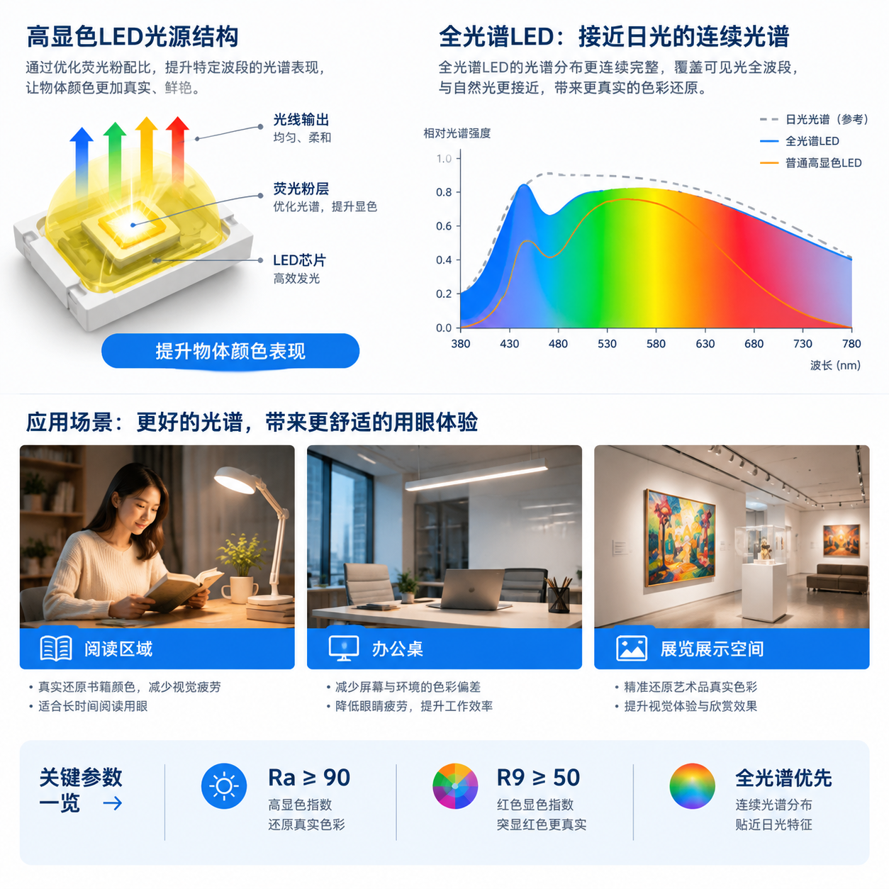 全光谱照明与高显色LED区别示意图:左侧高显色LED结构标注“提升物体颜色表现”,右侧全光谱LED光谱连续曲线接近日光,底部结合阅读、办公、展览场景分区,参数板显示Ra≥90、R9≥0、全光谱优先,现代工业设计风格