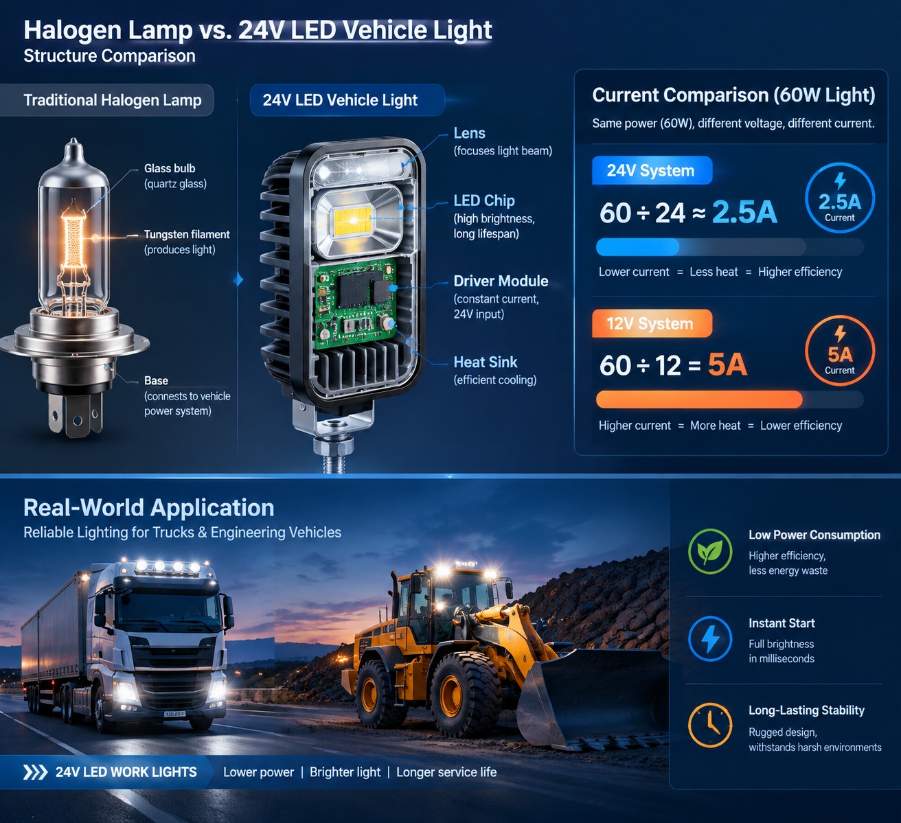 卤素灯与24V LED车灯结构对比及60W灯具在12V与24V系统下的电流计算示意图