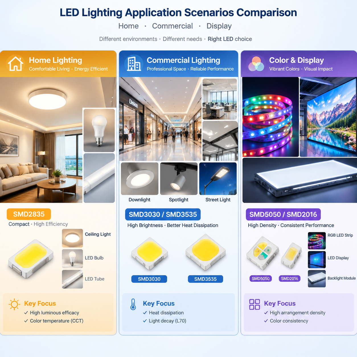 SMD灯珠选型应用场景图 家用照明场景(吸顶灯、球泡灯、LED灯管用SMD2835)商业照明场景(商场、筒灯、射灯用SMD3030、SMD3535)彩光显示场景(RGB灯带、LED显示屏用SMD5050、SMD2016)标注型号与重点关注项