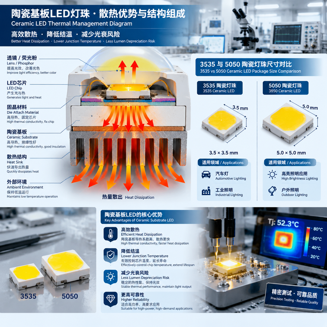 横版技术原理示意图,展示陶瓷基板LED灯珠的散热优势和结构组成。画面中心为放大的陶瓷封装LED剖面结构,从上到下清晰展示LED芯片→固晶材料→陶瓷基板→散热结构→外部环境的热传递路径,用橙红色热流箭头表现热量扩散过程。旁边加入3535陶瓷灯珠与5050陶瓷灯珠的尺寸对比示意,标注3535适用于汽车灯、工业照明,5050适用于高亮照明应用,体现不同封装面积和应用选择。背景为精密电子实验室环境,突出高功率LED热管理、降低结温、减少光衰风险等技术特点,采用专业工程图+产品微距摄影结合风格,横版排版