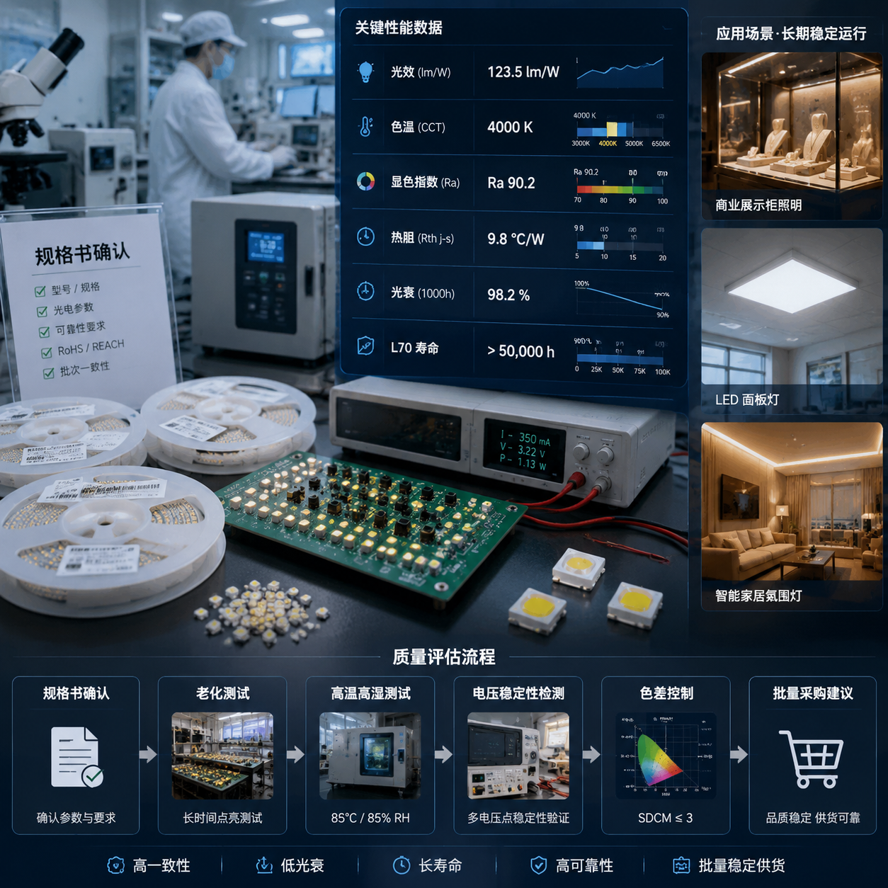 横版采购与品质判断场景图,放置在文章结尾前的选型建议区域。画面呈现LED工程检测实验室环境,一侧为排列整齐的白光SMD灯珠样品盘和PCB测试板,另一侧显示检测数据界面,包括光效、色温、显色指数Ra、热阻、光衰、L70寿命等关键指标。突出质量评估流程:规格书确认、老化测试、高温高湿测试、电压稳定性检测、色差控制。背景加入长期稳定运行的LED照明应用案例,如商业展示柜、面板灯和智能家居氛围灯,体现产品从检测到实际使用的全过程。整体风格为真实工业摄影加轻量数据可视化,强调可靠性、批量采购判断和长期稳定性能。横版构图,适合作为文章总结性配图。 English note: LED quality inspection laboratory and product selection workflow, realistic industrial photography style.