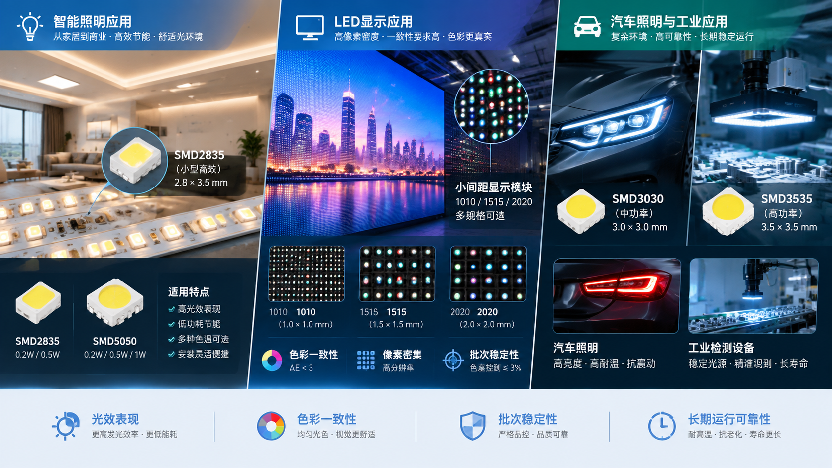 横版构图,智能照明场景SMD2835灯珠安装细节,左侧;中间小间距显示模块1010/1515/2020灯珠排列,一致性与色差控制;右侧汽车照明与工业检测3030/3535高功率灯珠,稳定工作状态,参数标识光效、色彩一致性、批次稳定性,专业工业可视化,16:9