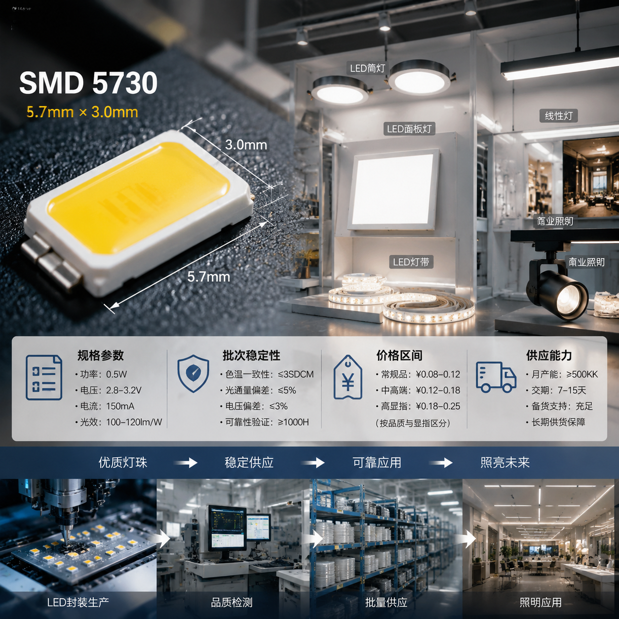 横版构图，LED灯珠采购与照明产业链场景，一侧为放大的SMD贴片5730灯珠实物微距视角，清晰呈现5.7mm×3.0mm封装尺寸结构，另一侧展示LED面板灯、LED筒灯、线性灯、灯带、商业照明设备等实际应用场景，通过简洁的信息标注表现采购人员关注的核心因素：规格参数、批次稳定性、价格区间、供应能力，现代工业摄影风格，金属元件质感突出，背景为整洁的LED生产车间与照明应用环境