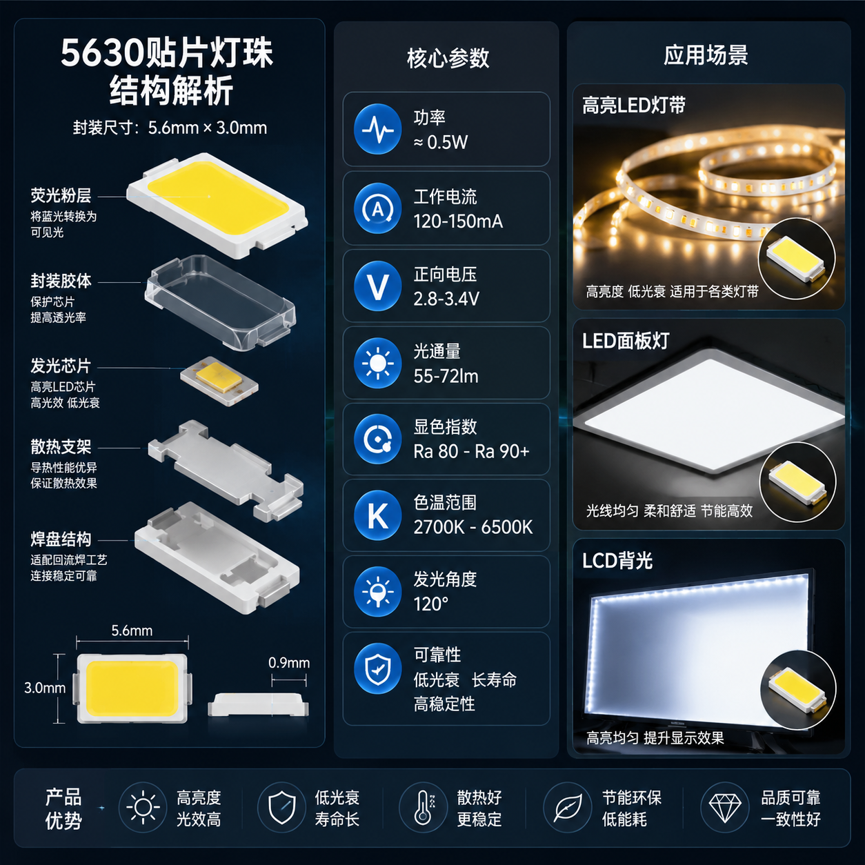 5630贴片灯珠核心参数与应用原理横版技术解析图，左侧结构拆解示意（5.6×3.0mm封装、发光芯片、封装胶体、散热区域），中间参数可视化面板（功率约0.5W、工作电流120-150mA、正向电压2.8-3.4V、光通量55-72lm、显色指数Ra80-Ra90+、色温2700K-6500K、发光角度120°），右侧实际安装场景（高亮LED灯带、面板灯、LCD背光），专业LED工程图风格，突出结构、参数与应用关联
