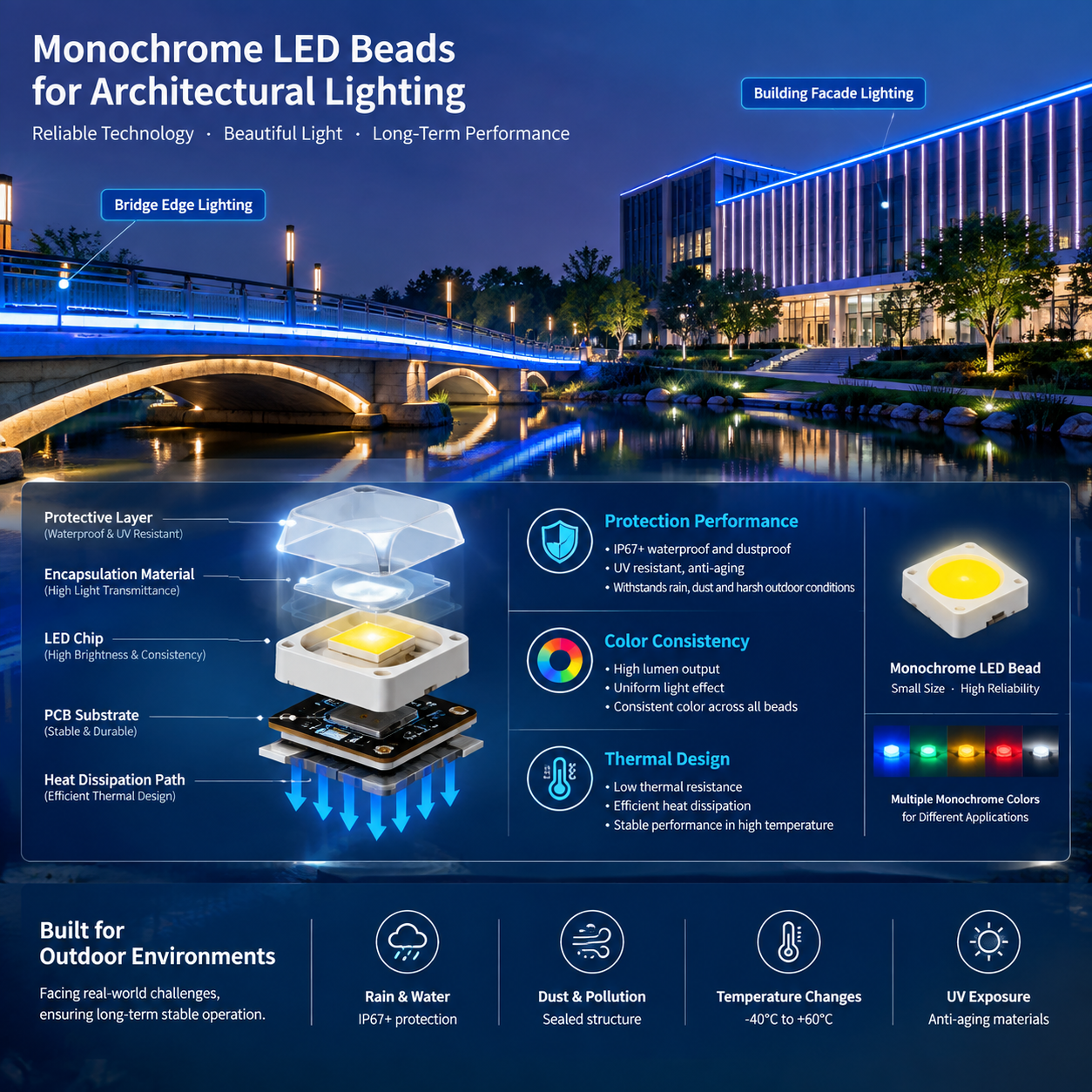 单色景观 LED 灯珠影响效果的关键因素，户外建筑轮廓照明项目主体展示桥梁边缘与建筑立面连续安装的单色 LED 灯珠形成均匀光带，半透明技术示意区域拆解发光芯片、封装材料、防护层、PCB 基板与散热路径，背景融入园林水景等应用元素，工程案例实拍结合专业技术信息图，突出防护性能、光色一致性与散热设计