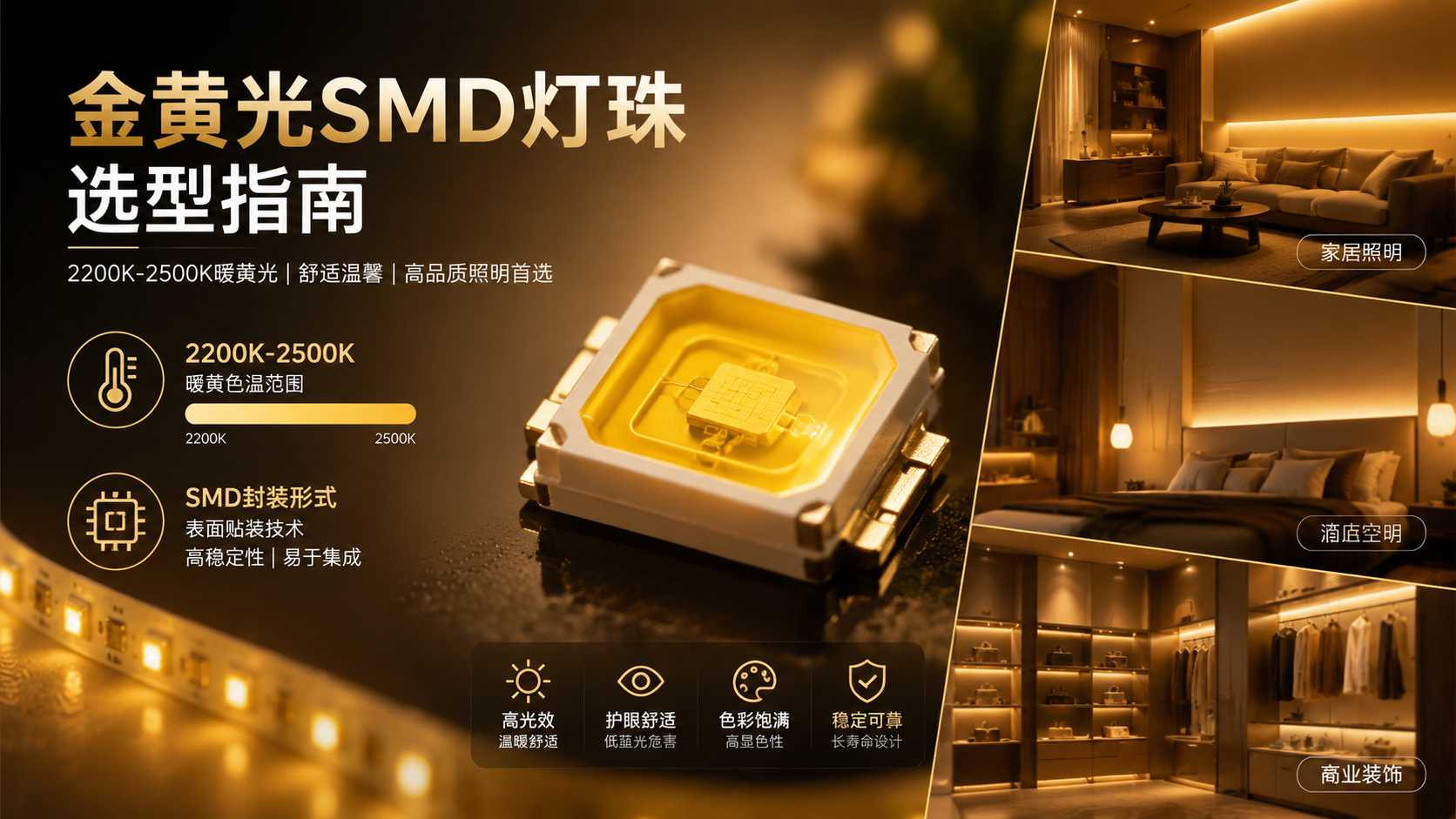 金黄光SMD LED灯珠选型指南开篇图，横版构图展示微观放大金黄光SMD灯珠实拍效果，金色发光芯片与柔和光晕清晰可见，旁边科技信息呈现2200K-2500K暖黄色温范围与SMD表面贴装封装等关键参数，背景融合家居灯带、酒店空间、商业装饰等温暖应用场景虚化效果，体现黄金夕阳烛光般的视觉感受，高品质产品摄影结合科技展示风格