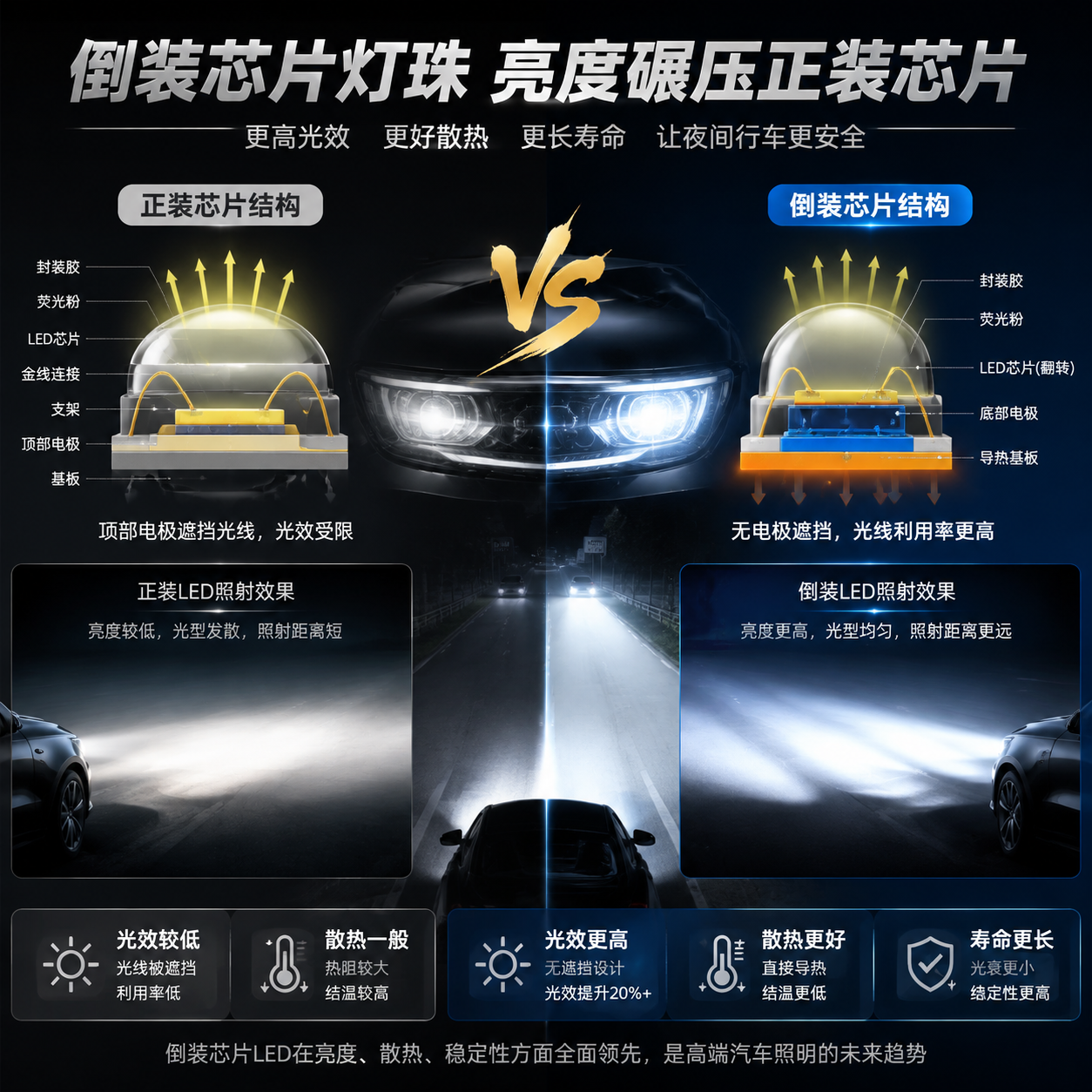 横版科技工业风主视觉,展示“倒装芯片汽车灯珠亮度对比正装芯片”的核心主题。画面左侧为传统正装LED芯片剖面结构,清晰表现顶部电极、金线连接、部分光线被遮挡的结构;右侧为倒装芯片LED结构,展示芯片翻转安装、电极位于底部、直接连接散热基板的特点。中间加入汽车前照灯光束对比场景,一侧光束较弱且边缘扩散,另一侧呈现高亮均匀照射效果。背景融合汽车灯具内部光学结构、高功率照明环境,突出光效、散热和长期稳定性差异。整体采用精密半导体结构示意+汽车照明应用结合的视觉风格,横向构图,适合文章开篇吸引读者。