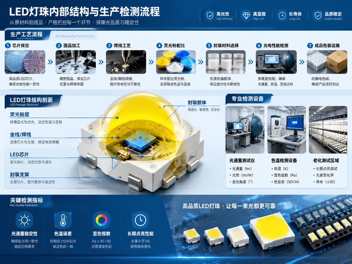LED灯珠内部结构与生产检测流程技术示意图，中心LED灯珠剖面放大模型展示芯片、支架、焊线、荧光粉、胶体，箭头连接芯片供应、固晶加工、焊线工艺、荧光粉配比、封装材料选择、光电性能检测、成品包装运输，旁边检测设备光通量测试仪、色温检测设备、老化测试区域