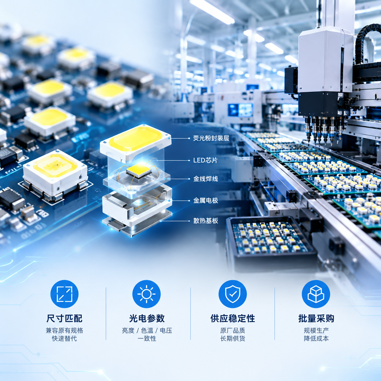 横版科技工业风构图,表现SMD贴片LED灯珠原厂替代与批量采购主题。画面左侧展示多个微型SMD LED灯珠的高清微距细节,包括PCB线路板上的贴装元件、LED芯片、荧光粉封装层和金属电极结构的半透明拆解效果;右侧展示现代化LED照明生产线场景,大量PCB板经过自动贴片设备加工,体现自动化生产、批量供应和规格匹配过程。画面中加入简洁参数信息视觉元素,如“尺寸匹配”“光电参数”“供应稳定性”“批量采购”等技术标签,整体采用真实工业摄影结合3D结构示意风格,突出型号匹配、替代判断和成本控制核心问题
