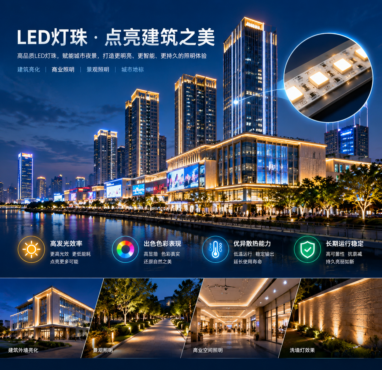 横版构图作为文章开篇主题展示图,呈现一座现代建筑夜景亮化工程的整体效果。画面中包含高层建筑外墙、线性灯带、点光源和洗墙灯形成的层次化照明效果,局部加入半透明放大视角展示LED灯珠芯片结构,体现发光效率、色彩表现、散热能力和长期运行稳定性四个关键因素。专业真实工程摄影风格,夜晚城市环境,冷暖光交织,适合公众号头图