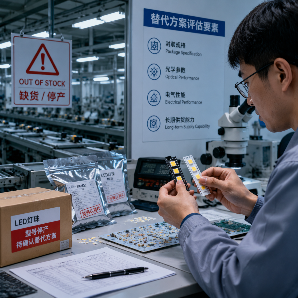 横版科技工业场景图，表现贴片LED灯珠停产后企业寻找替代方案的供应链挑战。画面左侧展示一条LED灯具生产线，生产设备暂停运行，旁边有缺货警示标识和待确认的电子元件包装；右侧展示工程师拿着LED灯珠样品进行规格比对，桌面放置PCB板、贴片灯珠样品、检测仪器，突出“封装规格、光学参数、电气性能、长期供货能力”四个替代评估核心要素。整体采用真实工厂摄影风格，冷色工业灯光，体现企业降低生产风险、寻找稳定替代方案的场景，横向构图适合公众号文章开篇。