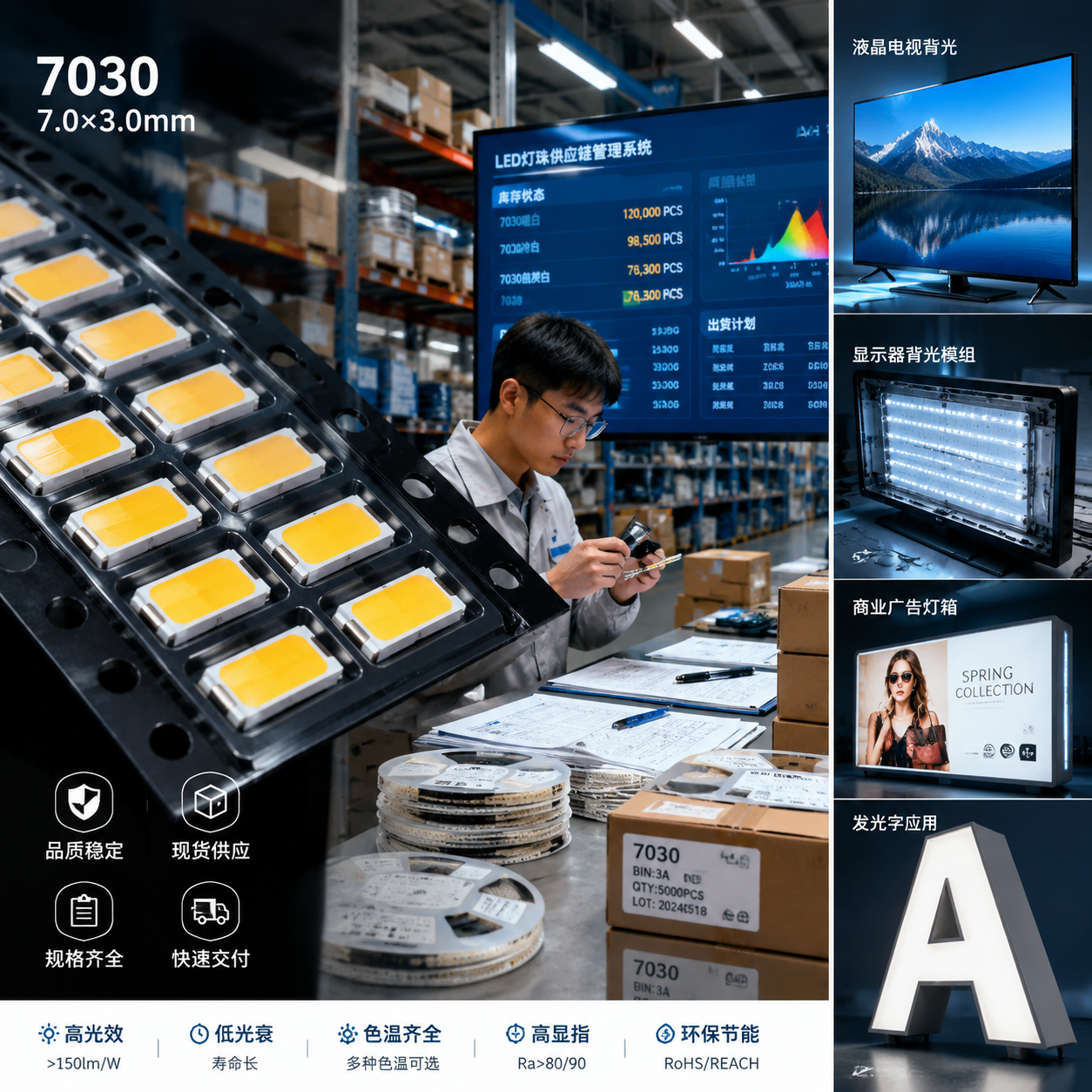 横版科技工业风实景图,展示LED灯珠供应链与现货采购主题场景。画面左侧为整齐排列的7030规格LED贴片灯珠实物托盘,突出7.0×3.0mm封装尺寸细节;中间为工程师查看LED灯珠库存、规格资料和品质检测记录的工作场景,背景可见仓储货架、电子元件包装盒和生产管理屏幕;右侧融入液晶电视背光、显示器背光模组、商业广告灯箱等应用缩影,体现7030灯珠从供应到应用的完整链路。整体采用高清产品摄影结合工业可视化设计,光线明亮,突出稳定供货、规格选择和品质管理的重要性。 -- Industrial LED supply chain, SMD LED components, warehouse inventory, engineering inspection, horizontal composition